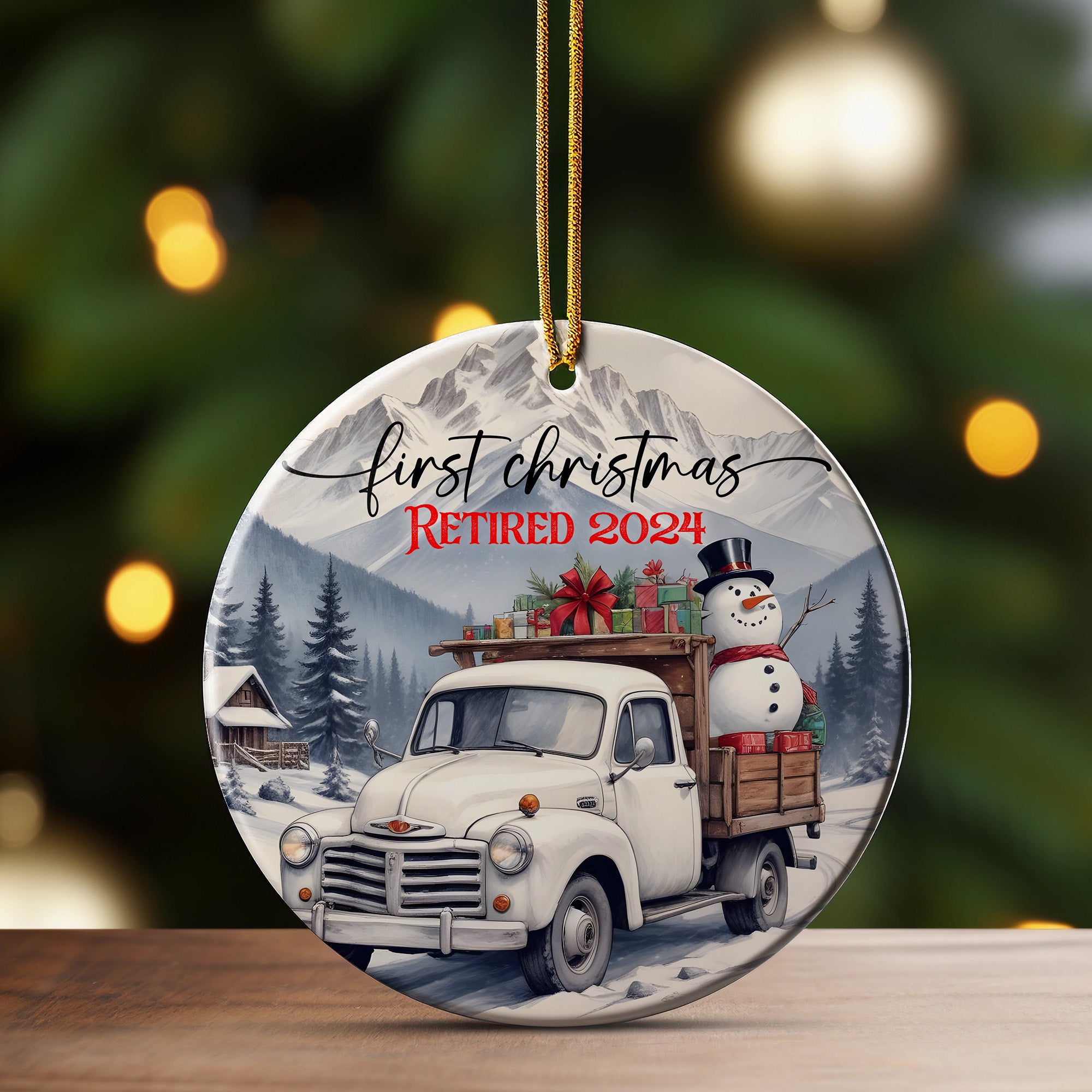 Personalized First Christmas 2024 Retirement Ceramic Ornament – Handcrafted Keepsake with Vintage Truck and Snowman Design - Image 3
