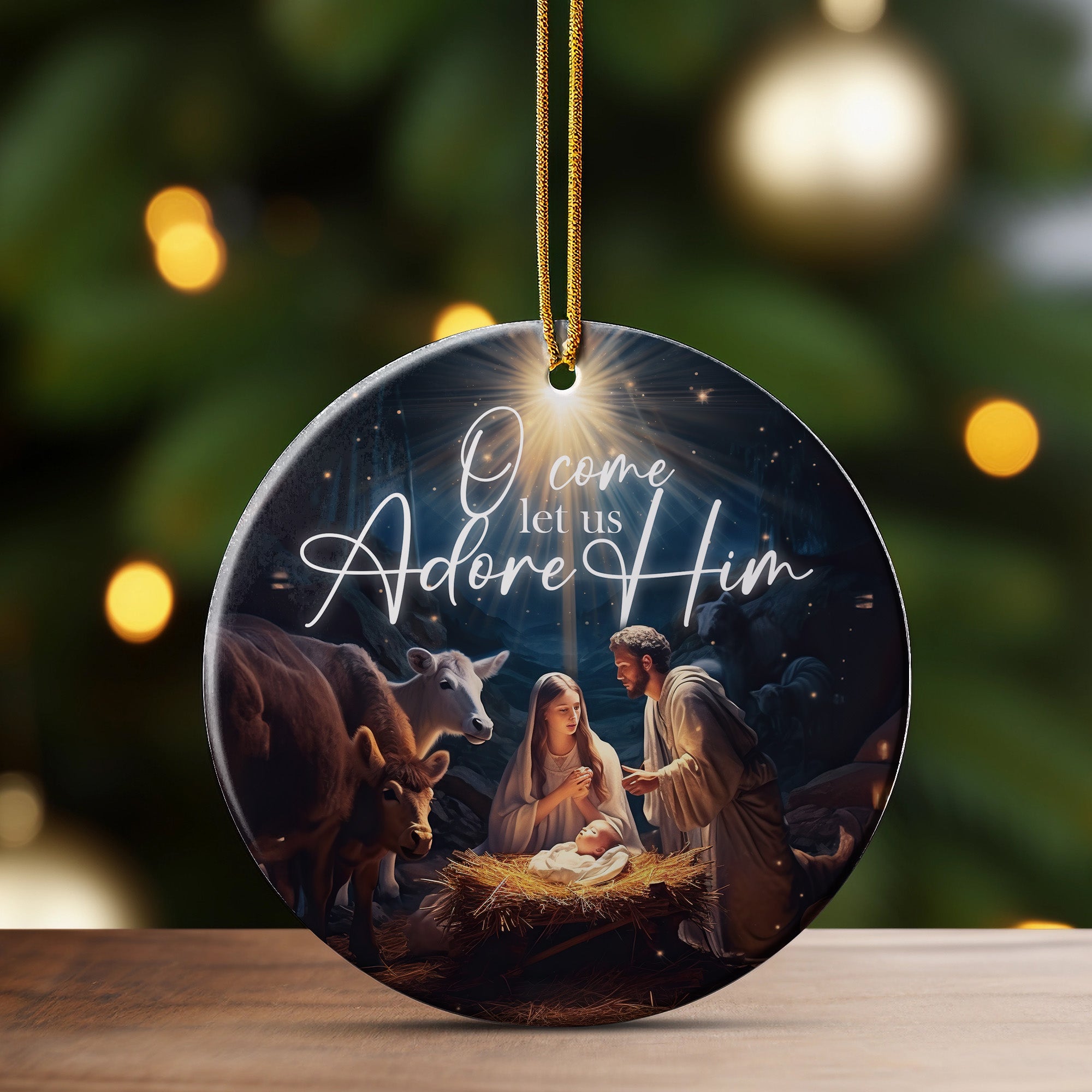 Personalized Nativity Scene Ceramic Ornament – Handmade Keepsake with Inspirational "O Come Let Us Adore Him" Design - Image 3
