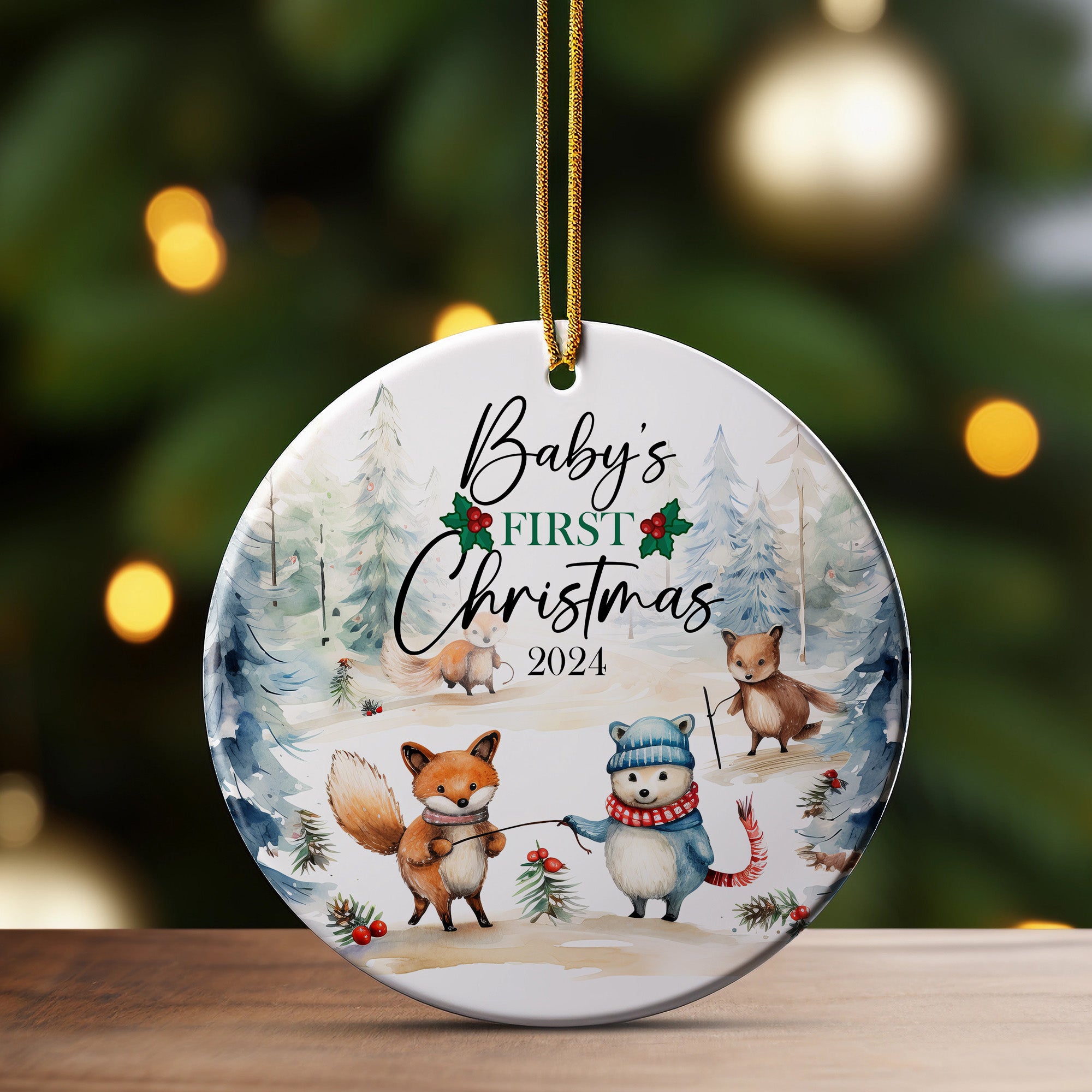 Personalized Baby's First Christmas 2024 Ceramic Ornament - Handcrafted with Woodland Animal Design, Perfect for New Parents and Holiday Keepsakes - Image 3