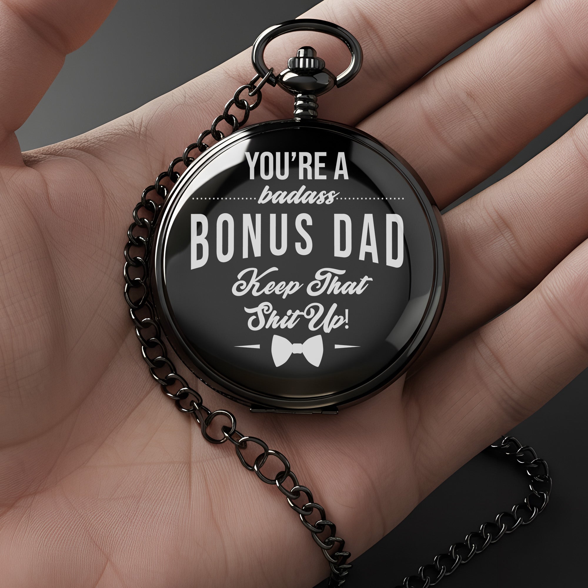 Personalized Black Pocket Watch for Bonus Dad - Engraved Gift with Heartfelt Message - Image 3