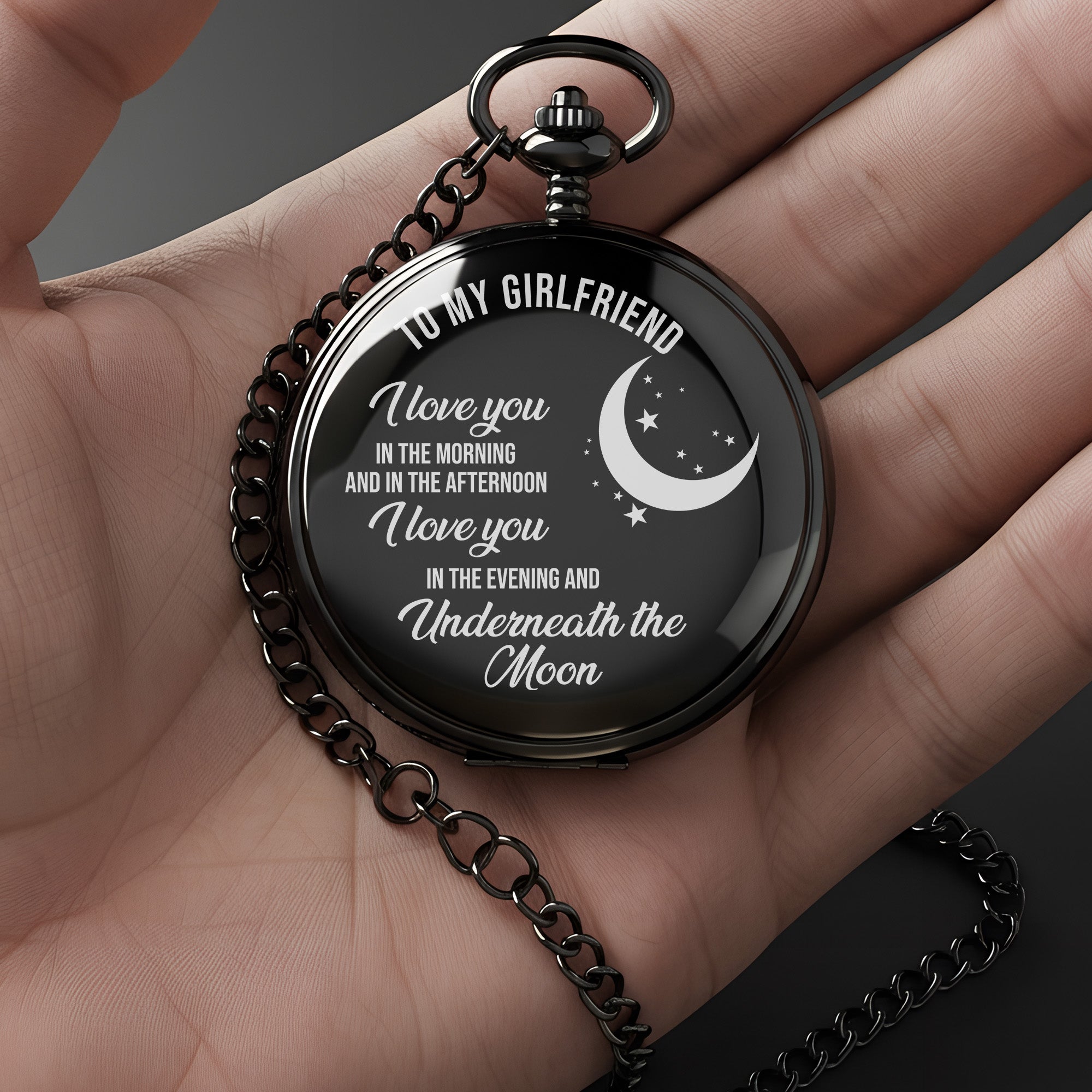 Personalized Engraved Pocket Watch for Girlfriend with Romantic Moon & Stars Design - Image 3