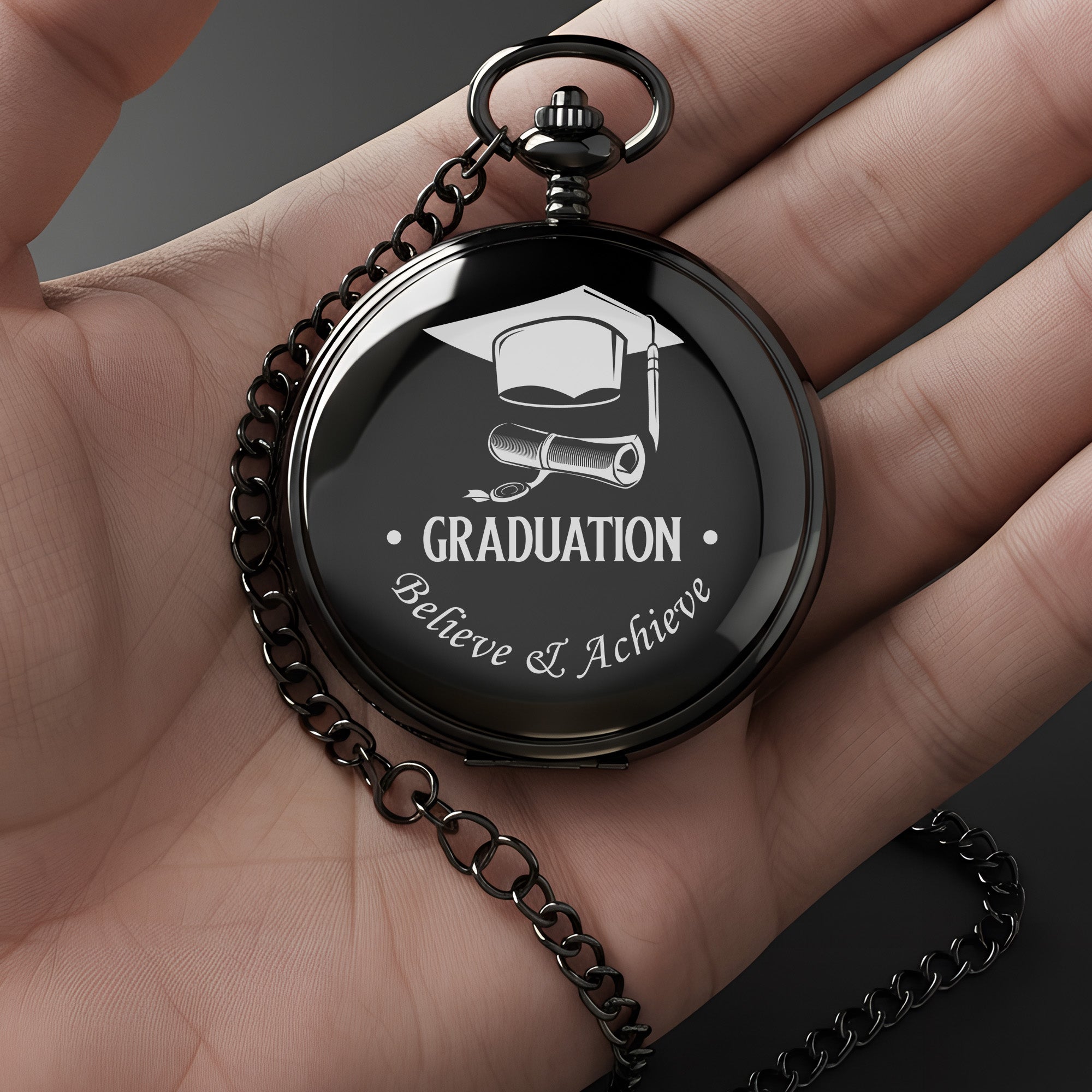 Personalized Graduation Pocket Watch - Elegant Black Finish with Custom Engraving - Perfect Graduation Gift for Him or Her - Image 3