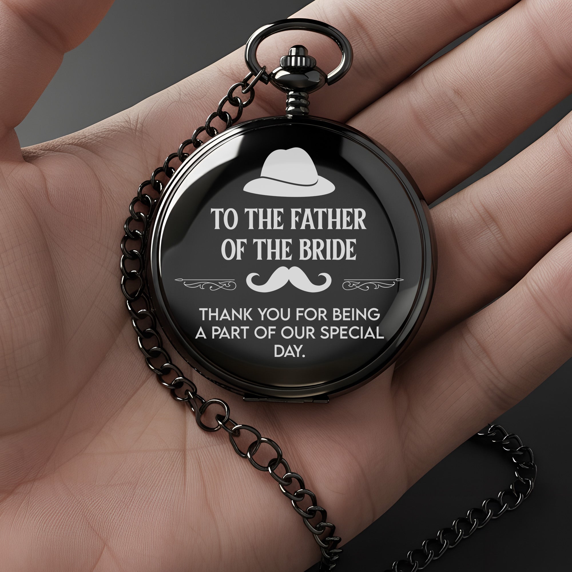 Personalized Father of the Bride Pocket Watch – Engraved Keepsake for Weddings, Handcrafted in Elegant Black - Image 3