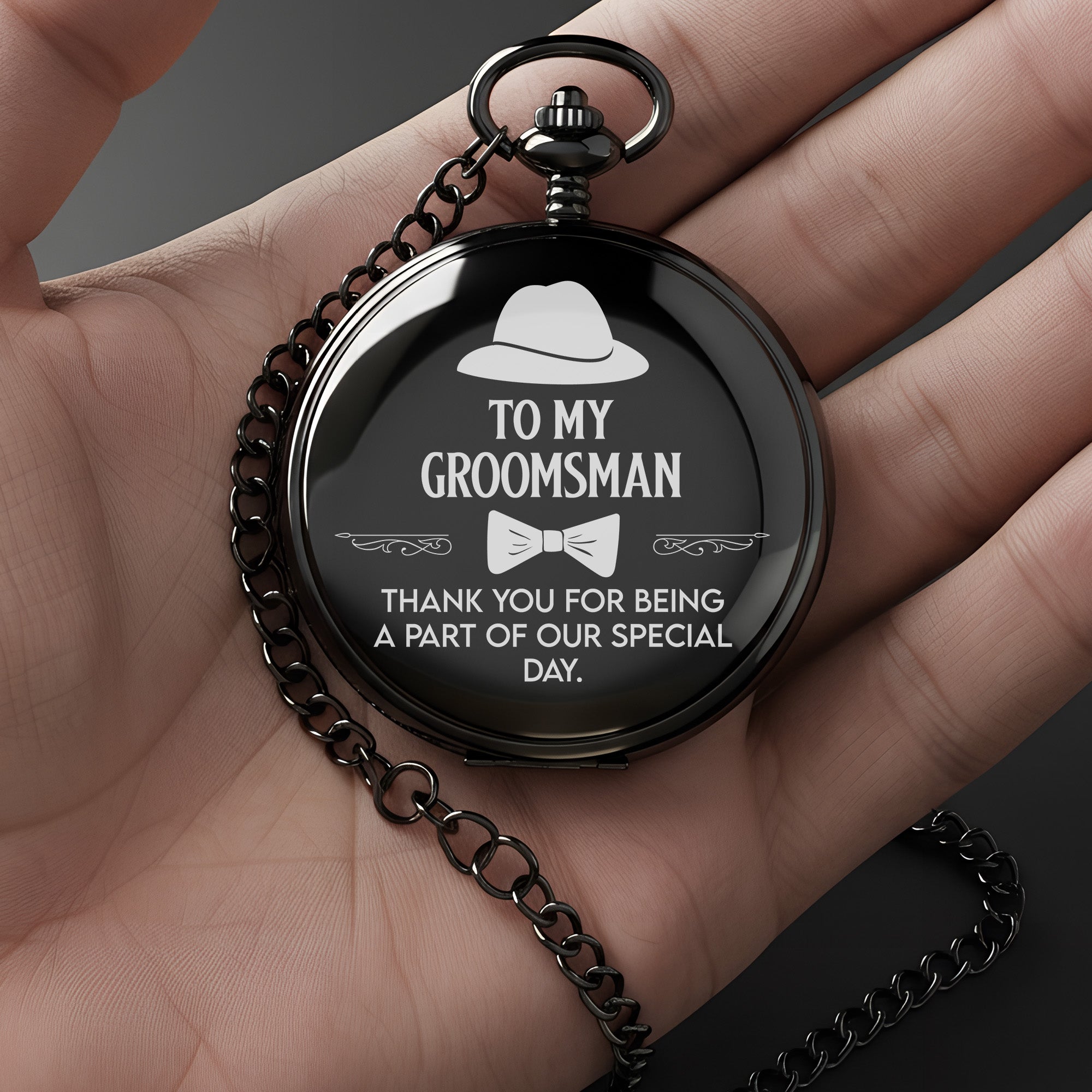 Personalized Groomsman Pocket Watch - Elegant Black Finish with Custom Engraving Option - Perfect Wedding Party Gift - Image 3
