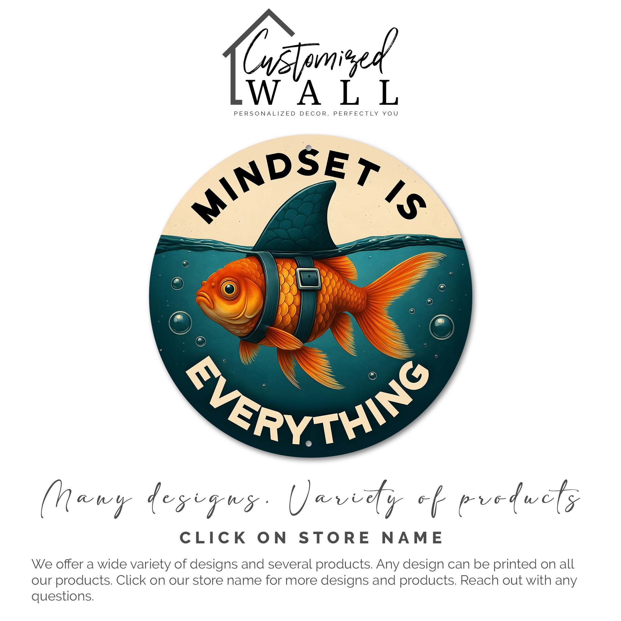 Personalized Metal Inspiration Sign - “Mindset is Everything” with Goldfish and Shark Fin Design for Unique Gift Giving - Image 3