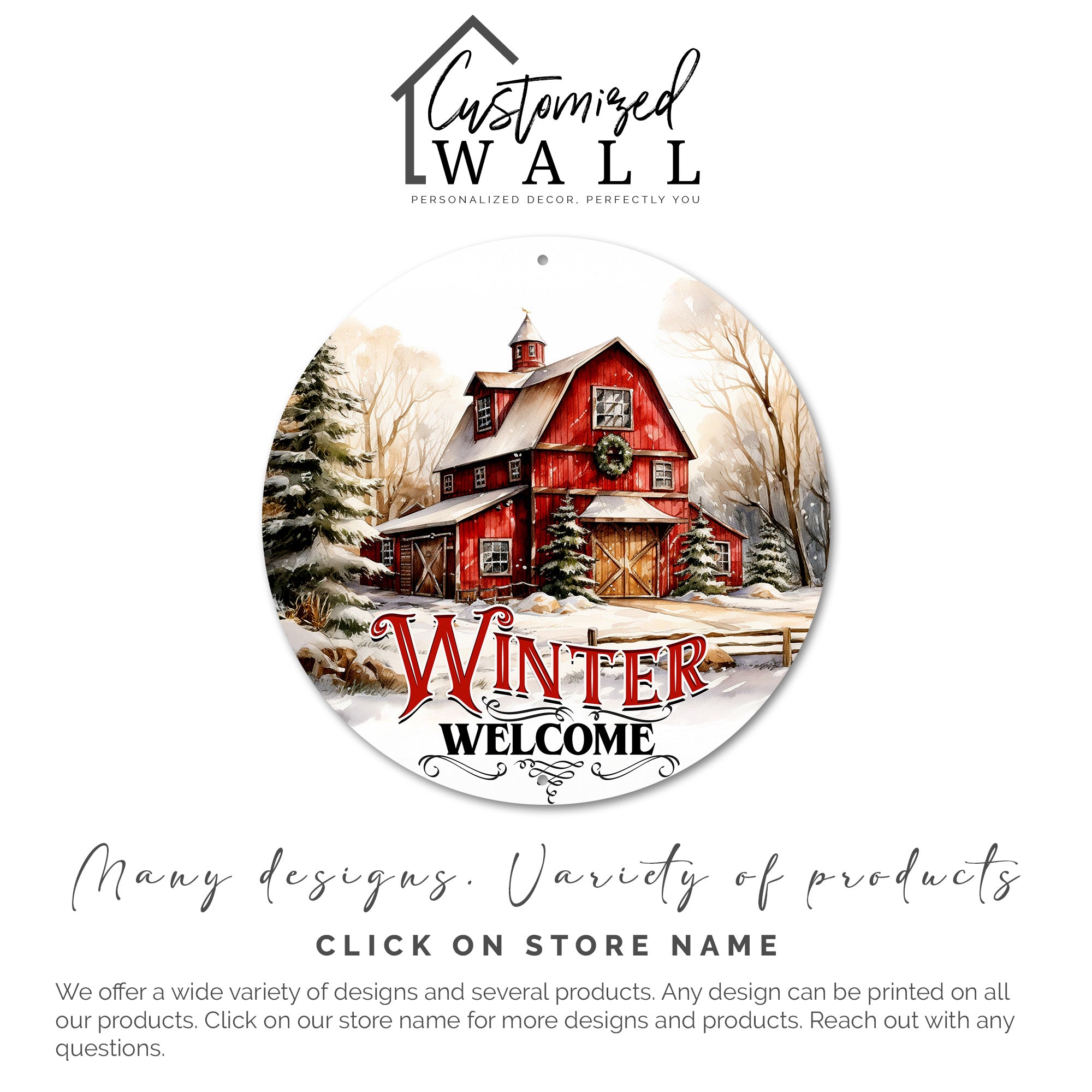 Personalized Winter Welcome Metal Sign – Rustic Red Barn Scene, Perfect Holiday Décor Gift - Image 3
