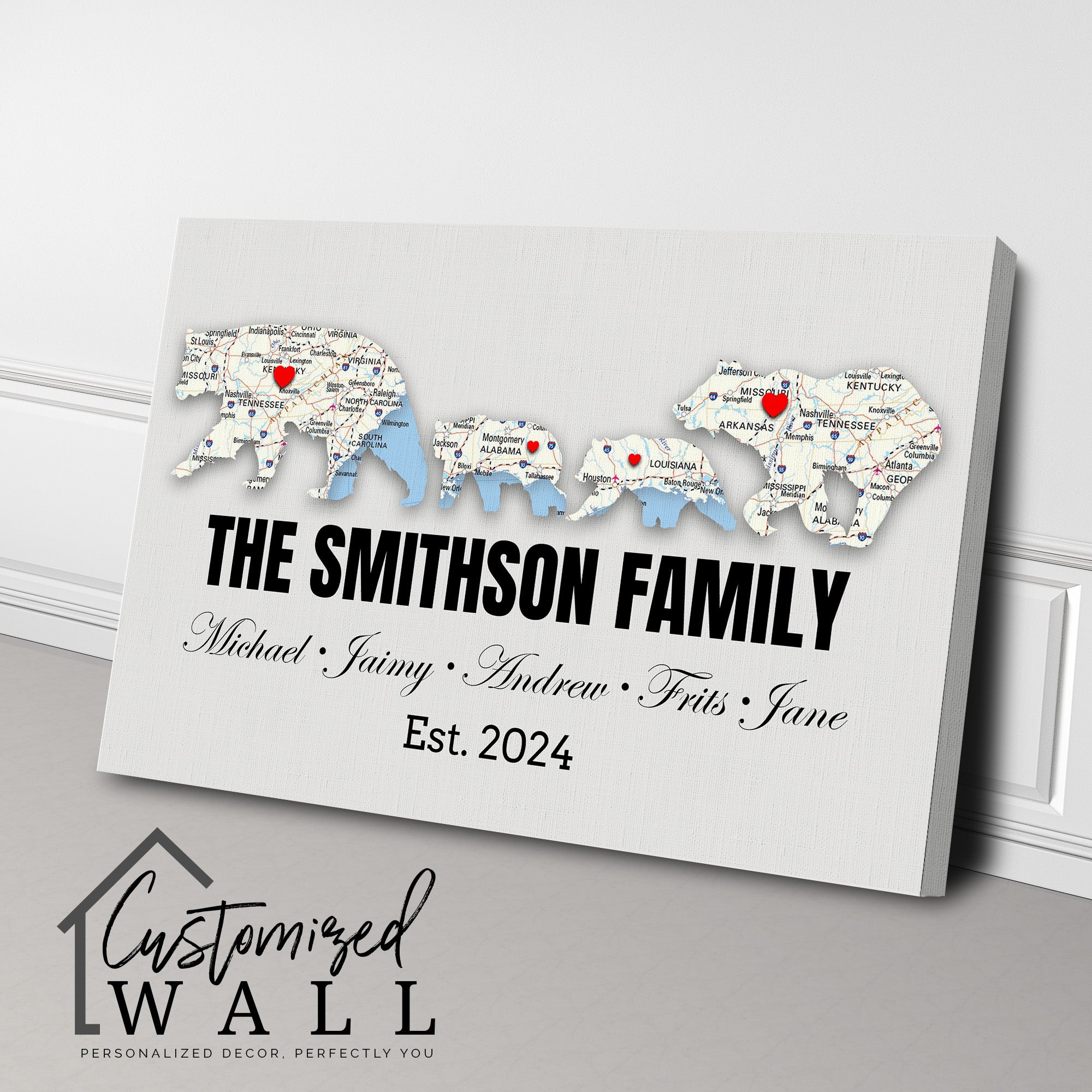 Custom Family Map Bear Canvas: Personalized Wall Art for Families - Perfect Gift for Celebrating New Beginnings - Image 3