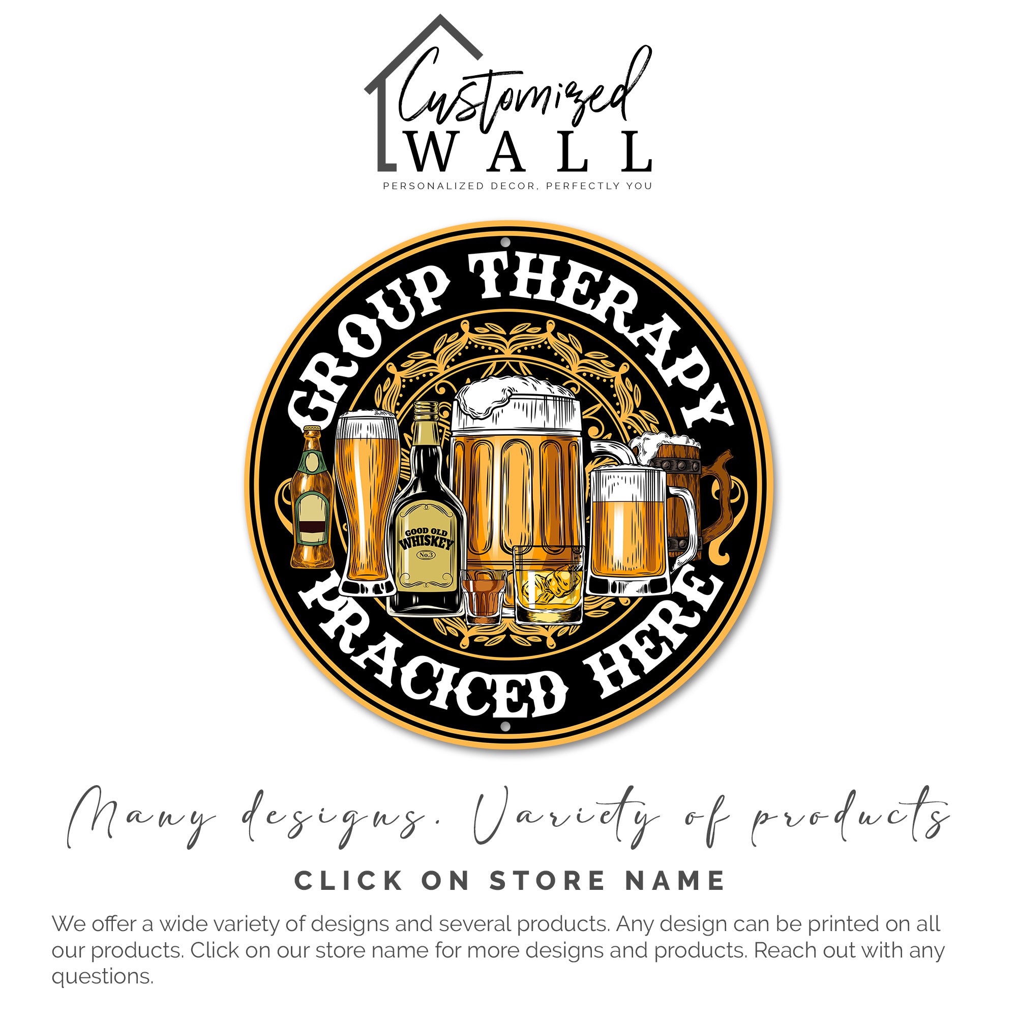 Personalized "Group Therapy Practiced Here" Round Metal Sign - Rustic Bar Decor for Beer & Whiskey Lovers - Image 3