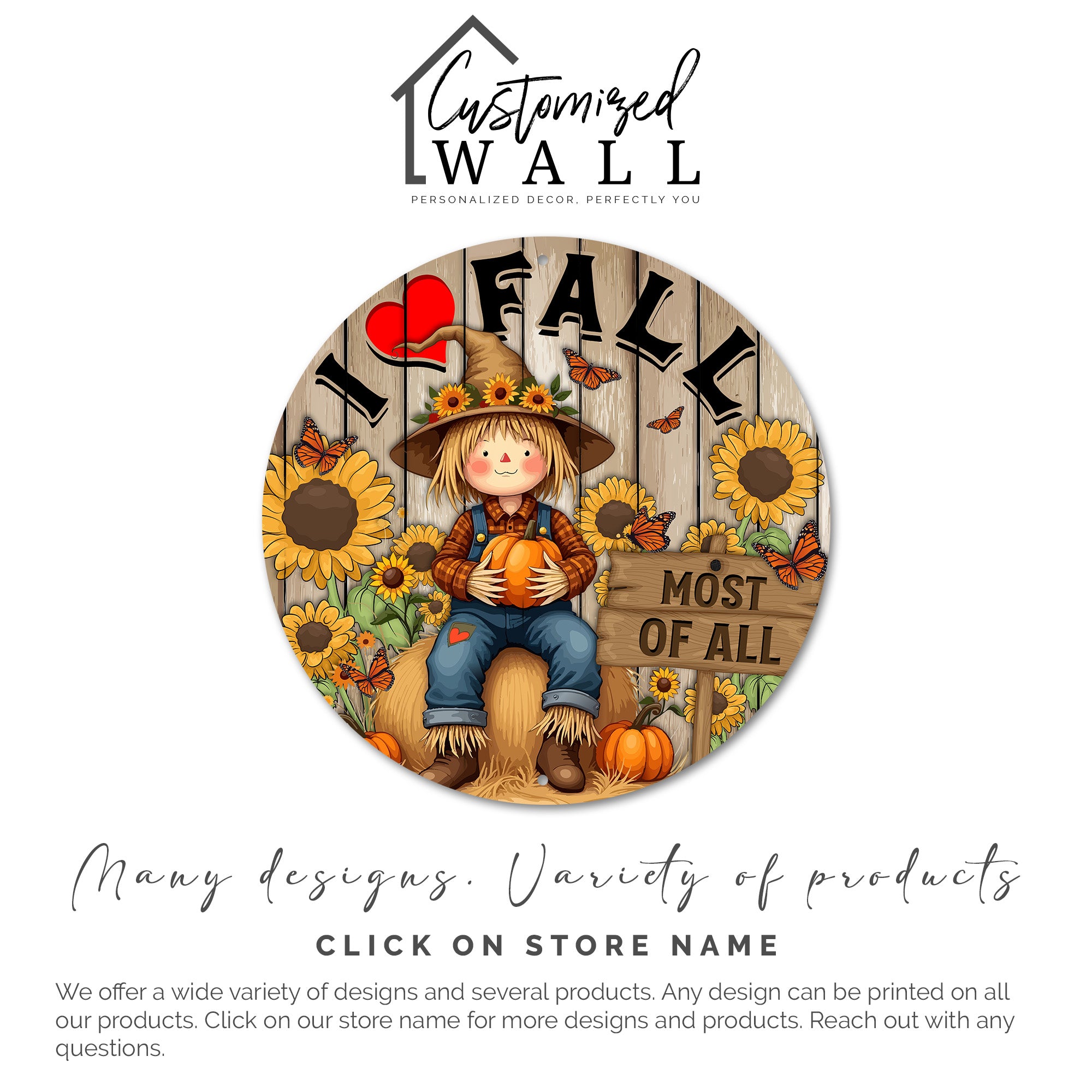 Personalized Fall Harvest Metal Sign – Charming Scarecrow with Pumpkins & Sunflowers for Autumn Decor - Image 3