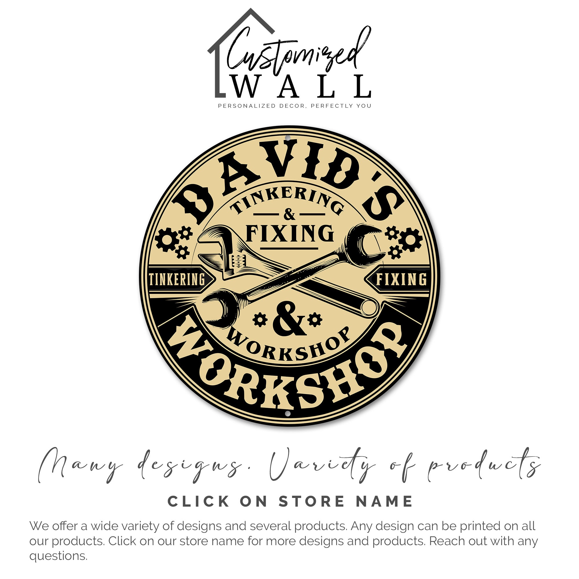 Personalized Round Metal Workshop Sign - Customizable Tinkering & Fixing Design for Craft Enthusiasts and Gift Giving - Image 3