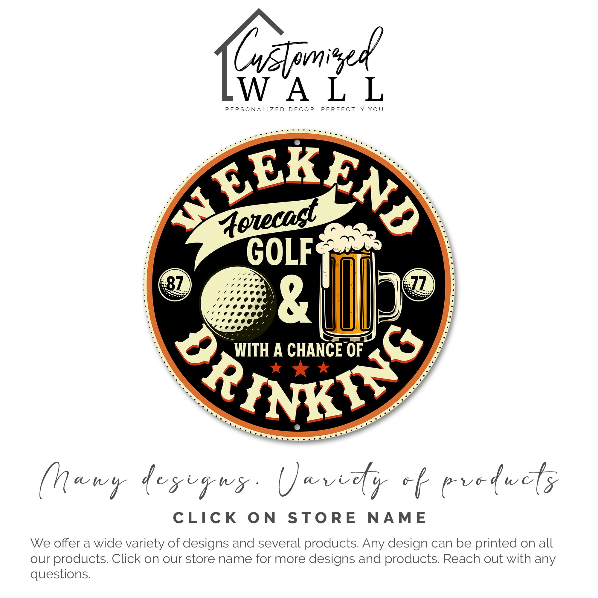 Personalized Round Metal Sign - Golf & Drinking Weekend Forecast - Rustic Wall Art for Mancave, Bar, or Patio - Image 3