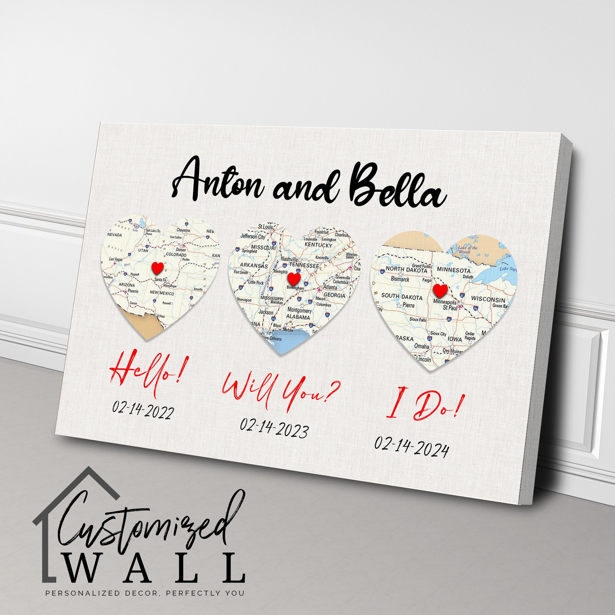 Personalized Milestone Heart Map Wedding Canvas - Custom Dates & Locations for Couples - Image 3