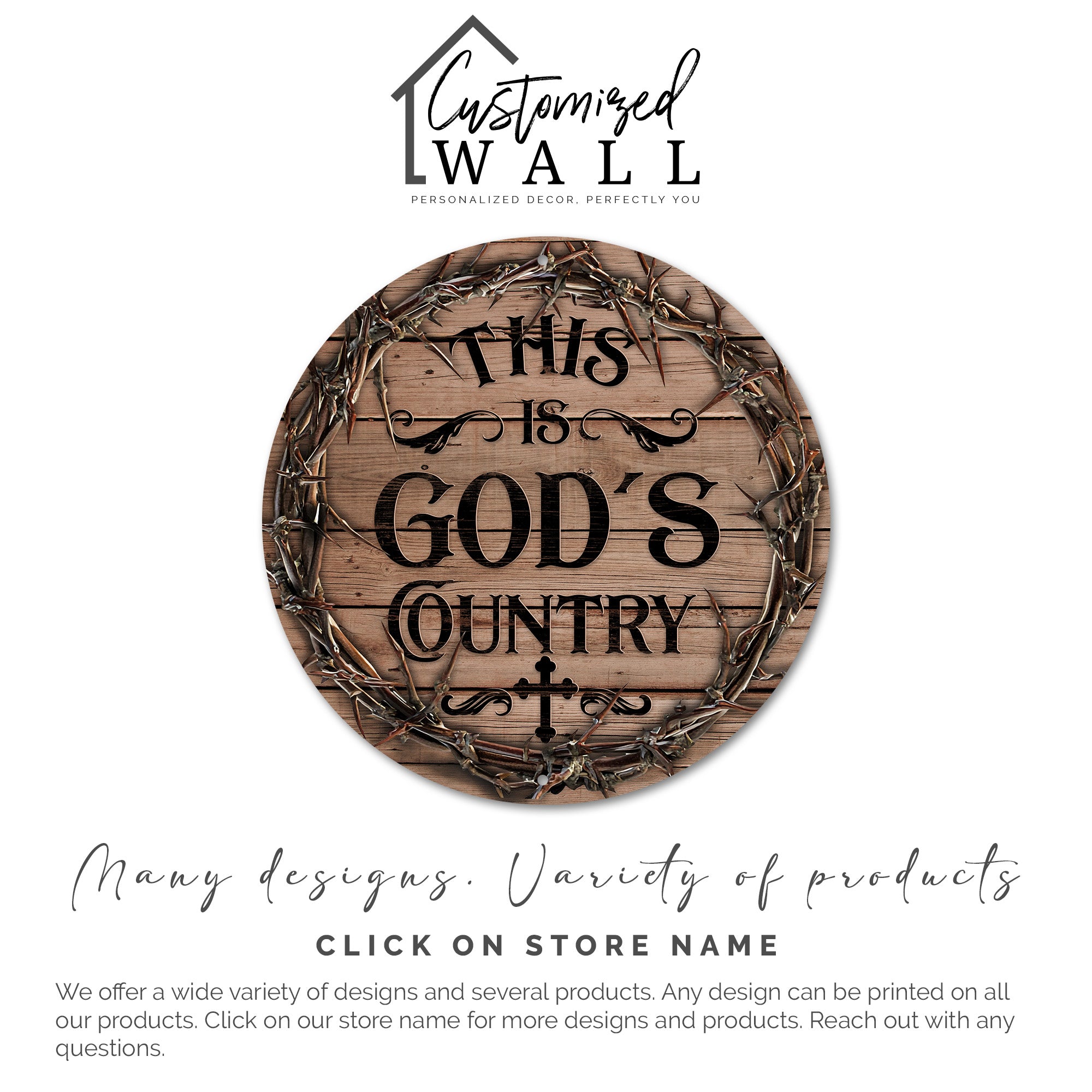 Personalized Round Metal Wall Sign - "God's Country" Rustic Design with Crown of Thorns and Oak Finish for Christian Home Decor - Image 3