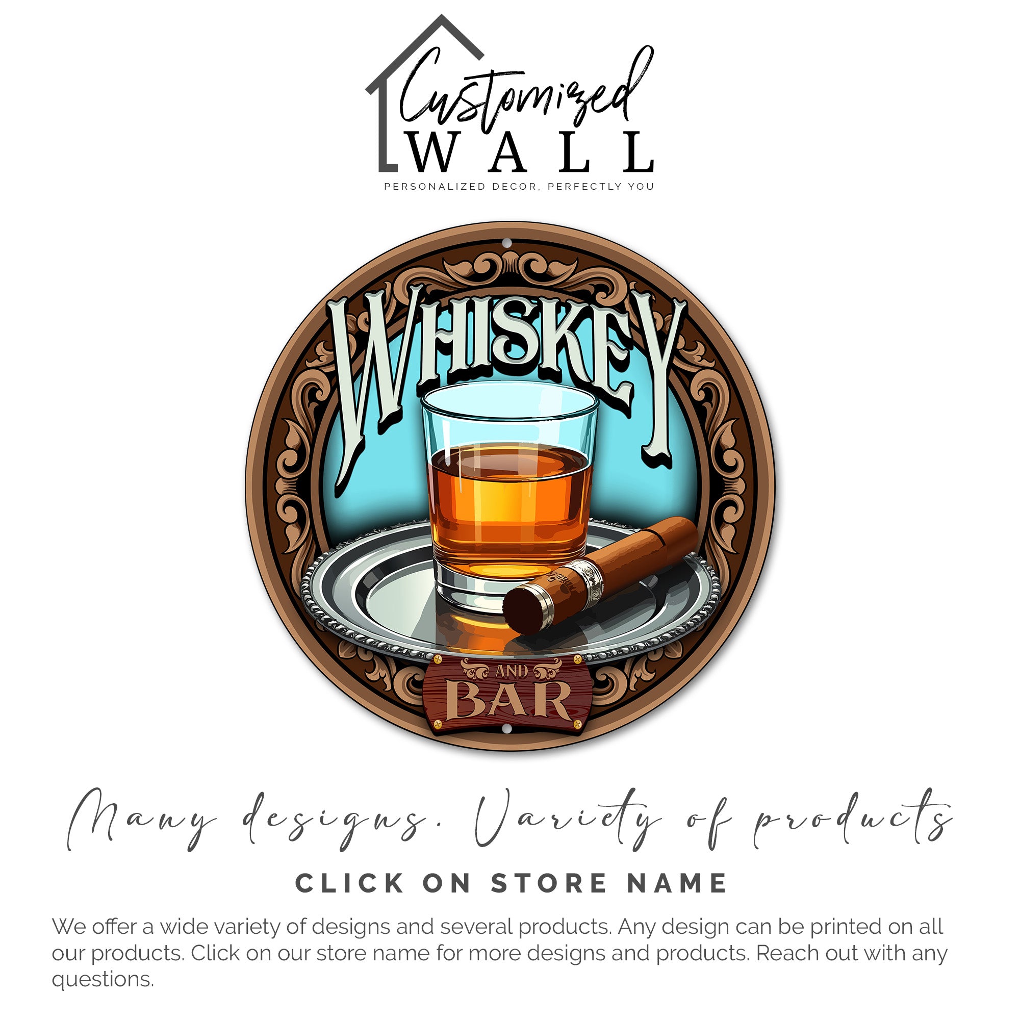 Personalized Whiskey & Cigar Metal Sign - Customizable Round Bar Decor for Whiskey Lovers - Image 3