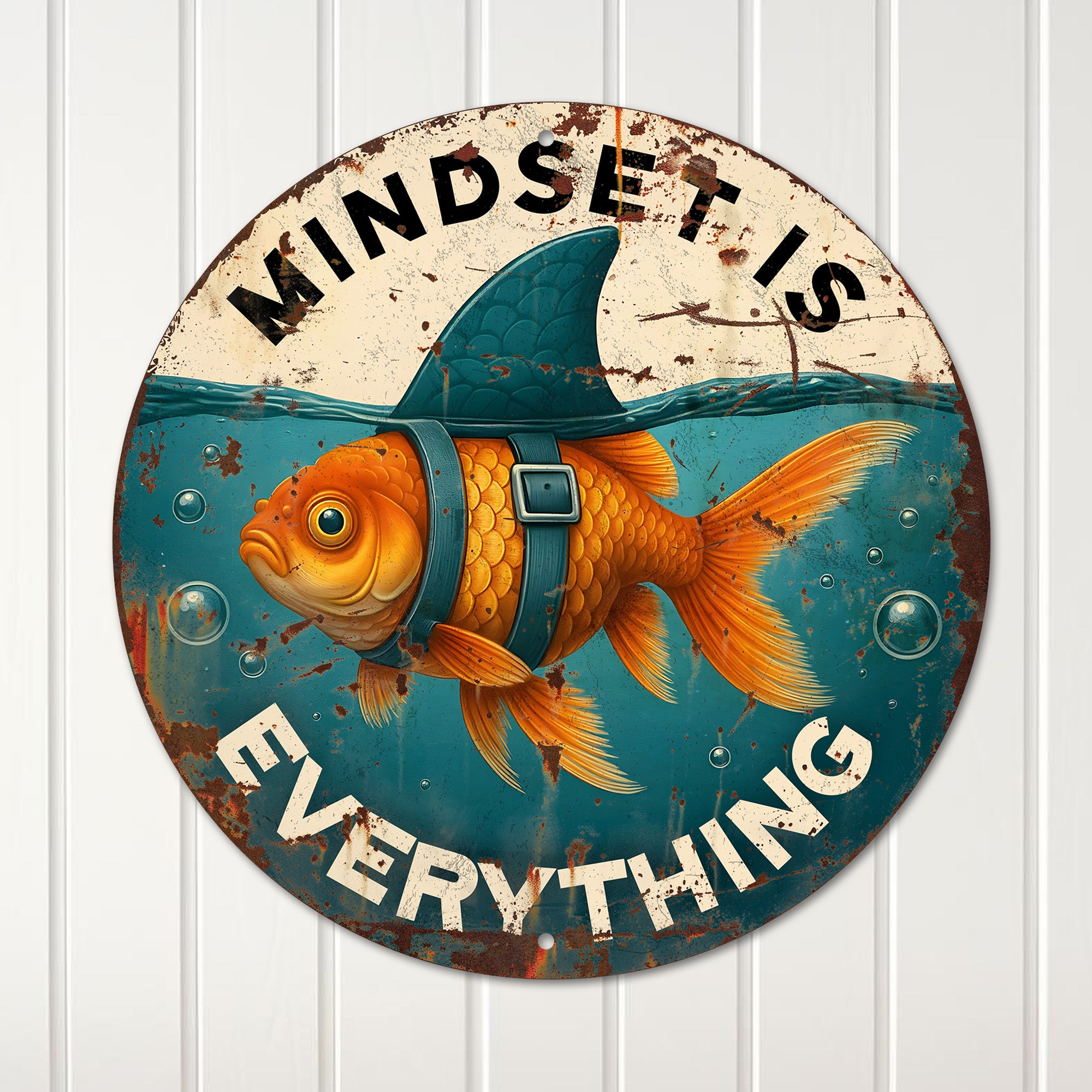 Personalized Metal Inspiration Sign - “Mindset is Everything” with Goldfish and Shark Fin Design for Unique Gift Giving - Image 4