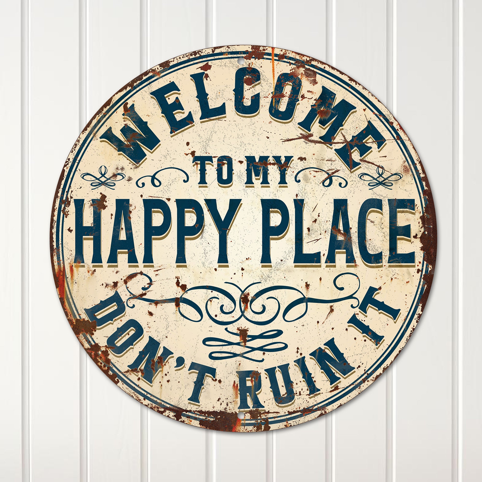 Personalized Round Metal Welcome Sign - "Happy Place" Rustic Wall Art for Home, Gift for New Homeowners - Image 4