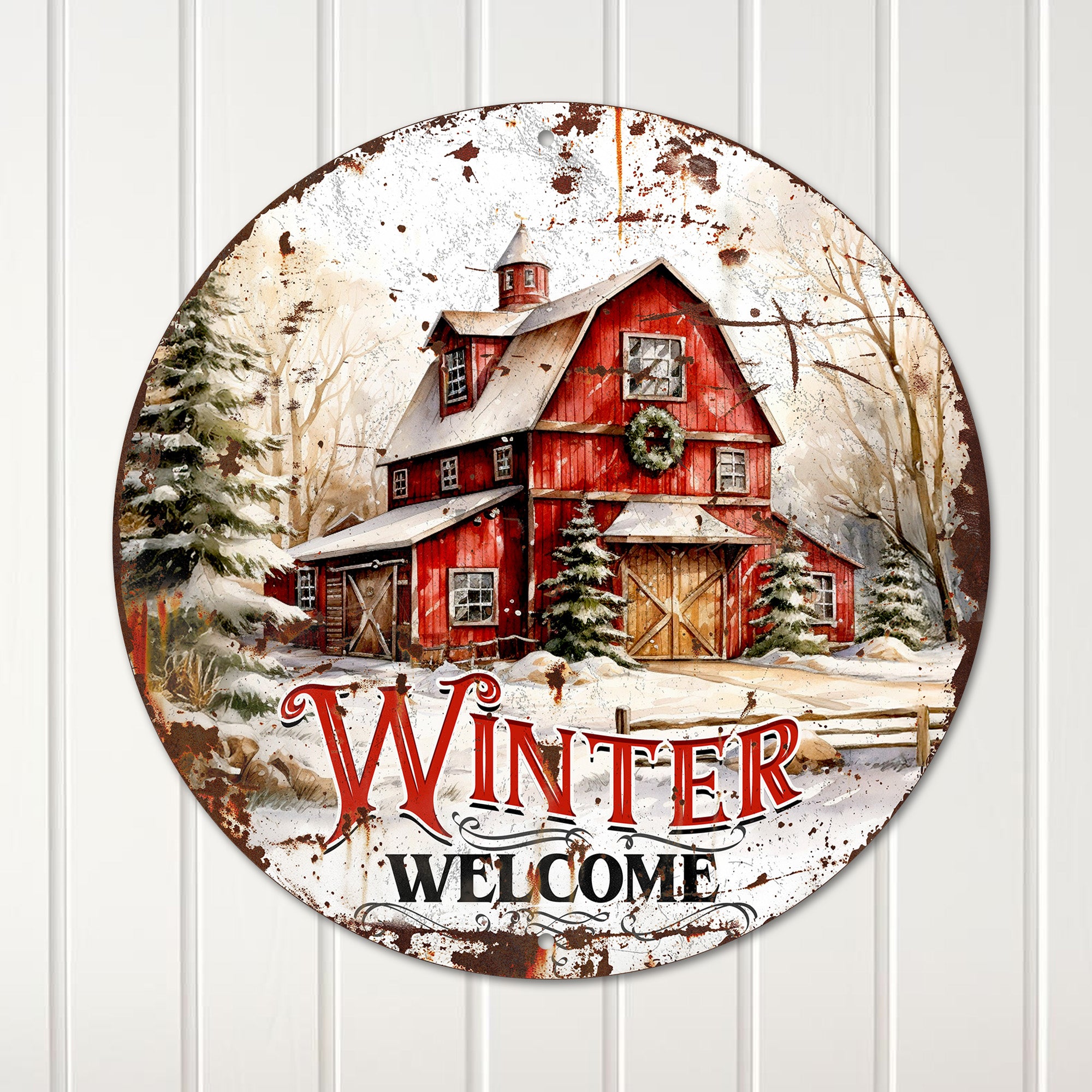 Personalized Winter Welcome Metal Sign – Rustic Red Barn Scene, Perfect Holiday Décor Gift - Image 4