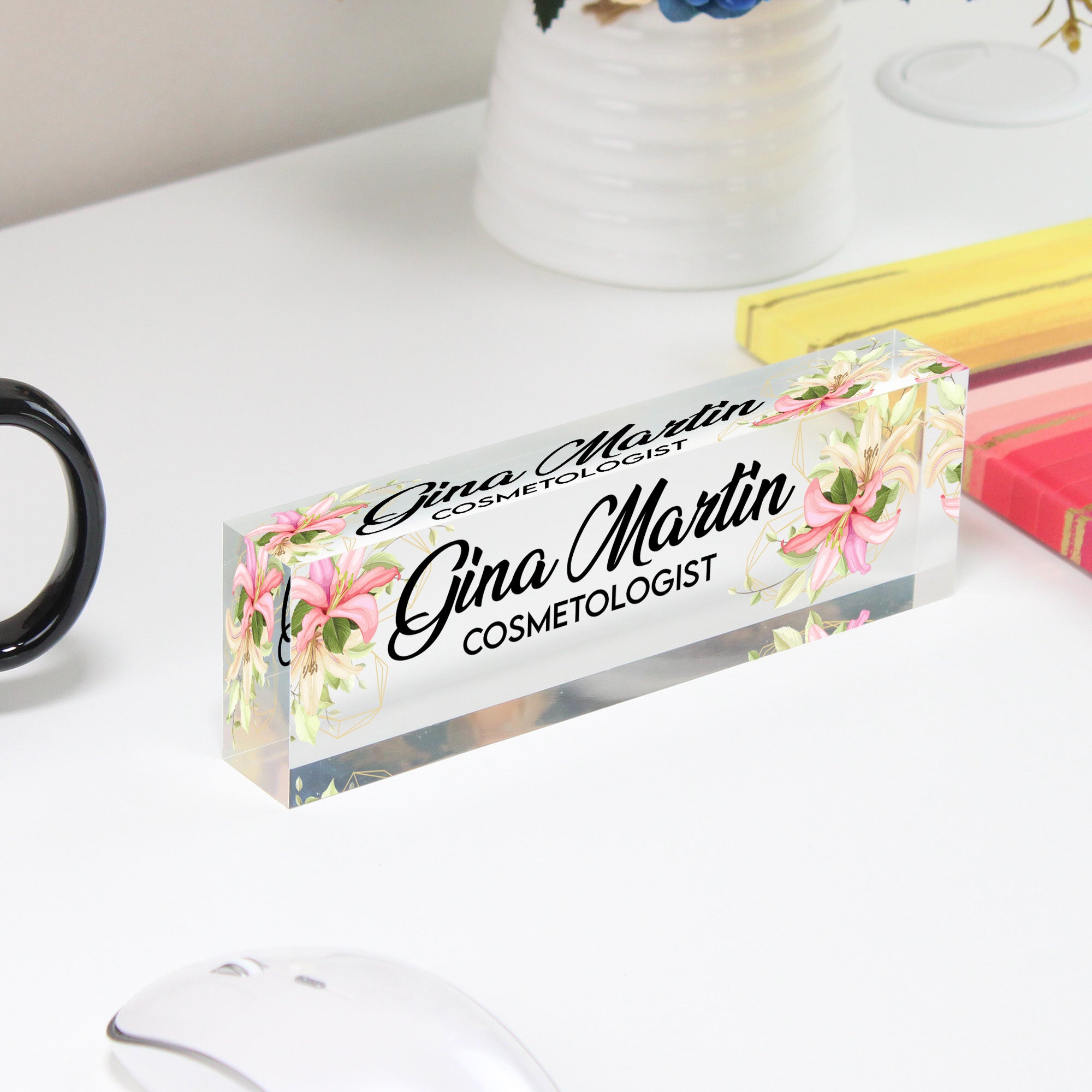 Personalized Acrylic Desk Block with Floral Design - Custom Name Sign for Cosmetologists and Beauty Professionals - Image 4