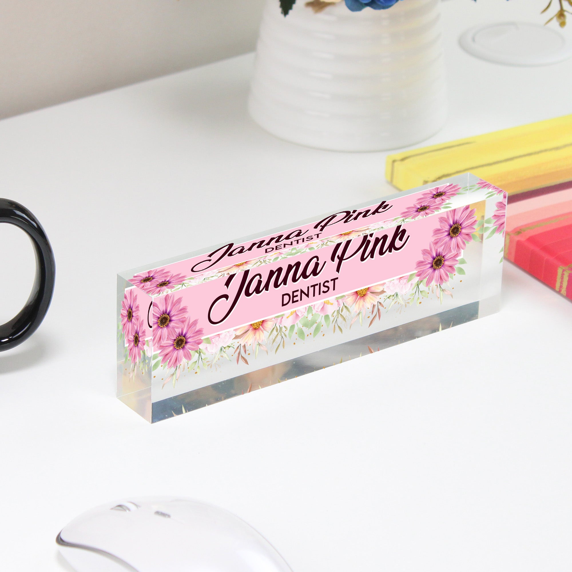 Personalized Floral Acrylic Desk Block Nameplate - Custom Gift for Dentists, Office Decor, and More - Image 4