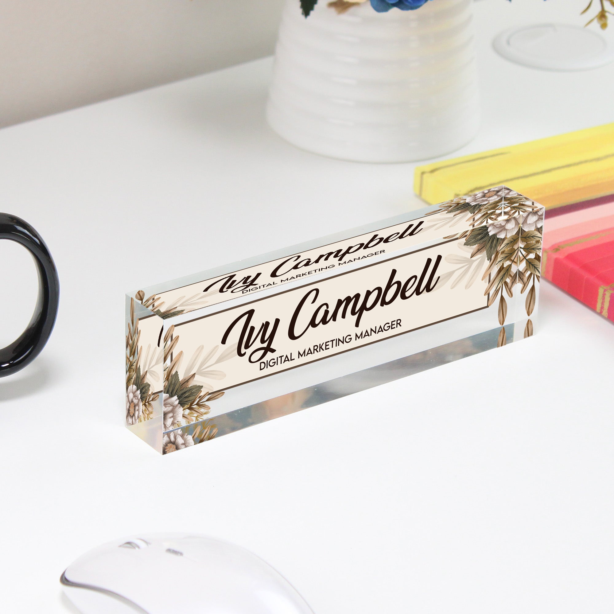 Personalized Acrylic Desk Block with Custom Name & Title - Elegant Floral Design for Office Decoration & Thoughtful Gift - Image 4