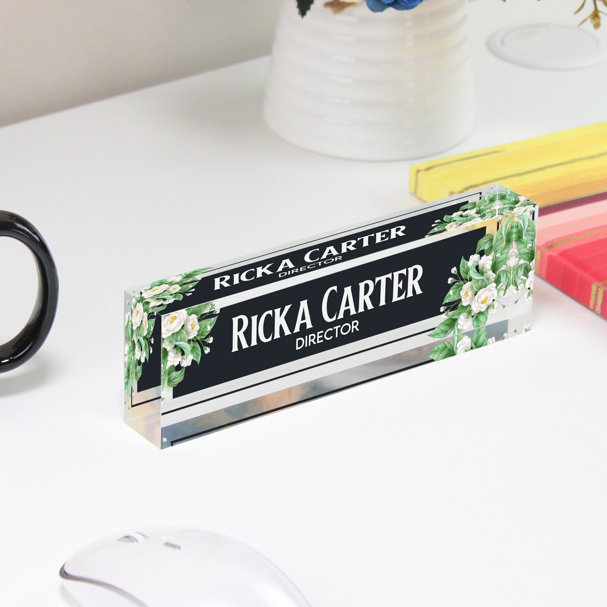 Personalized Floral Acrylic Desk Block - Custom Nameplate for Directors, Elegant Office Decor Gift - Image 4