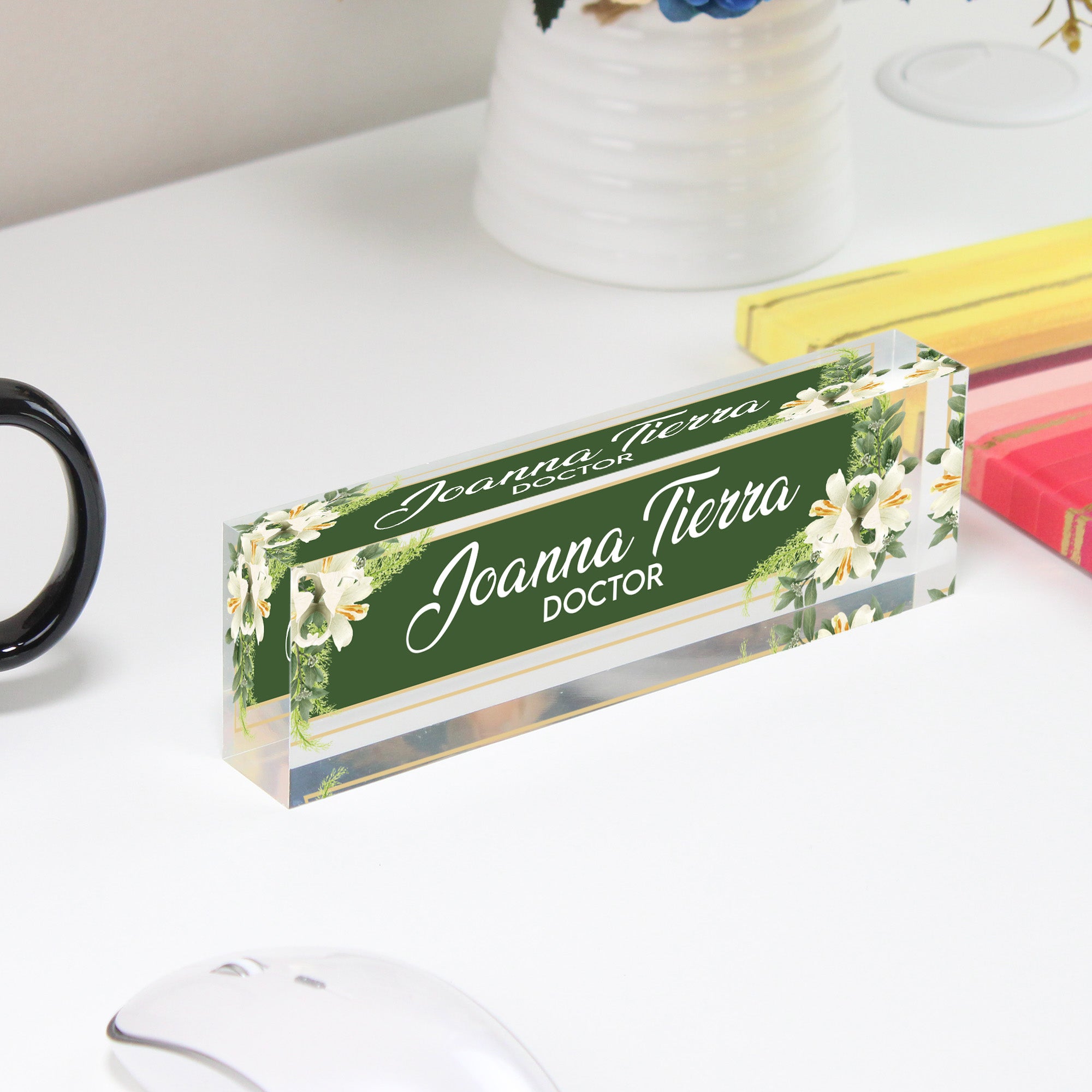 Personalized Acrylic Desk Name Plate with Floral Accents - Customizable Office Decor for Doctors and Professionals - Image 4