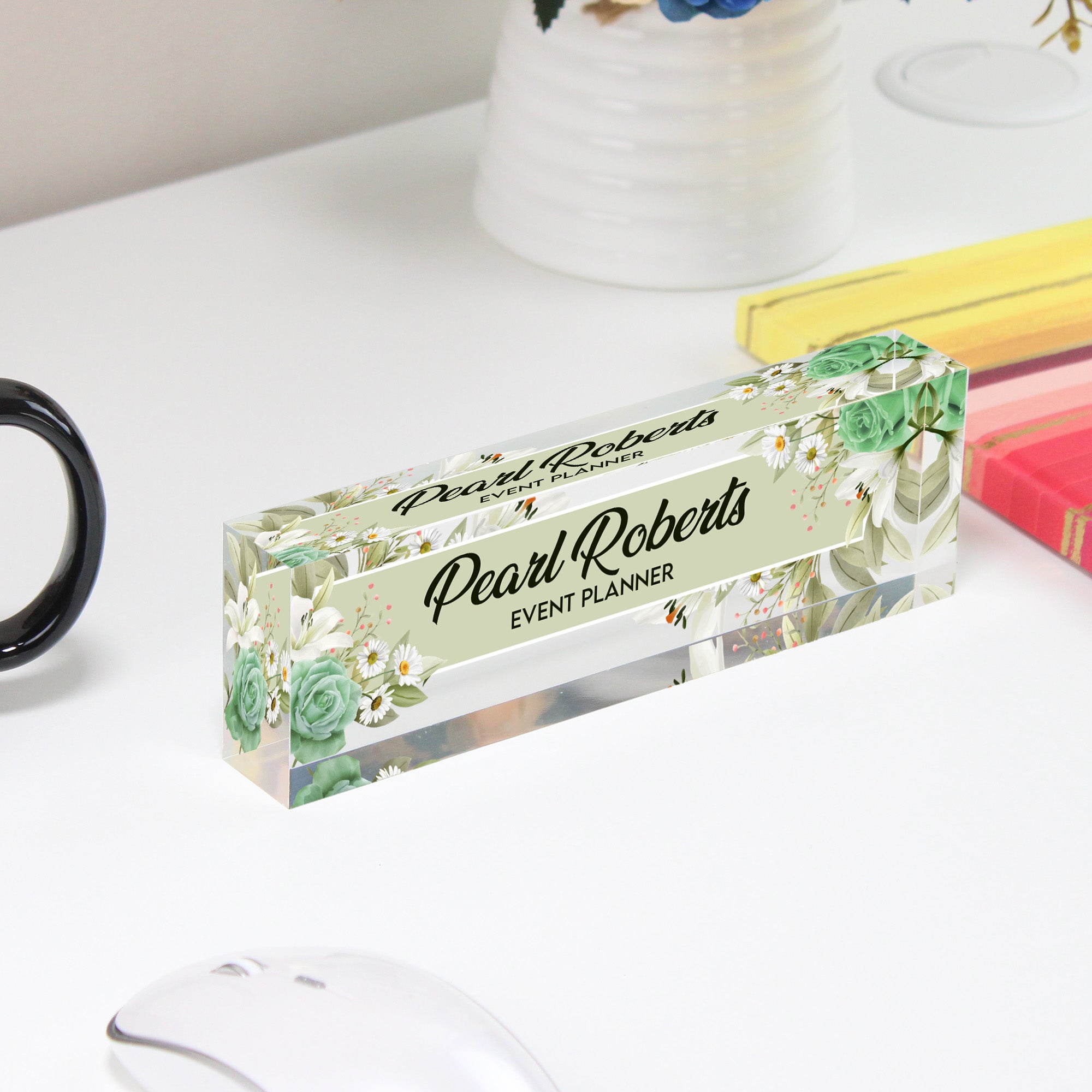 Personalized Floral Acrylic Desk Block for Event Planners - Custom Name Gift with Elegant Floral Design - Image 4