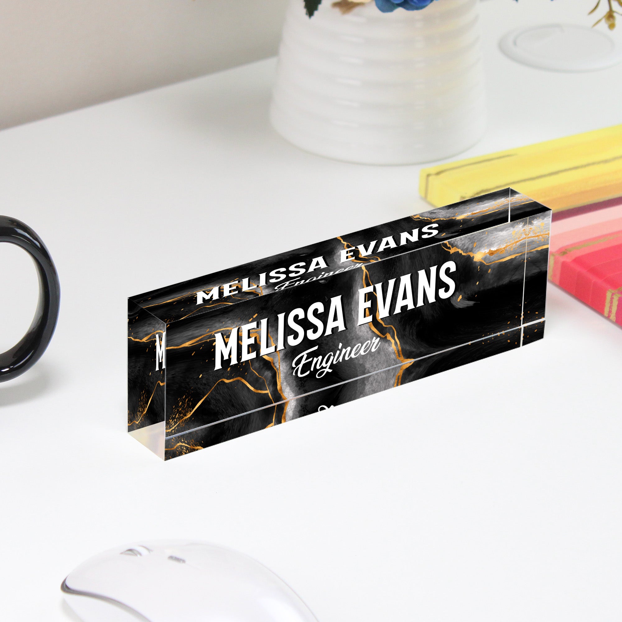 Personalized Acrylic Desk Block for Engineers - Custom Nameplate with Elegant Black Marble Design - Image 4