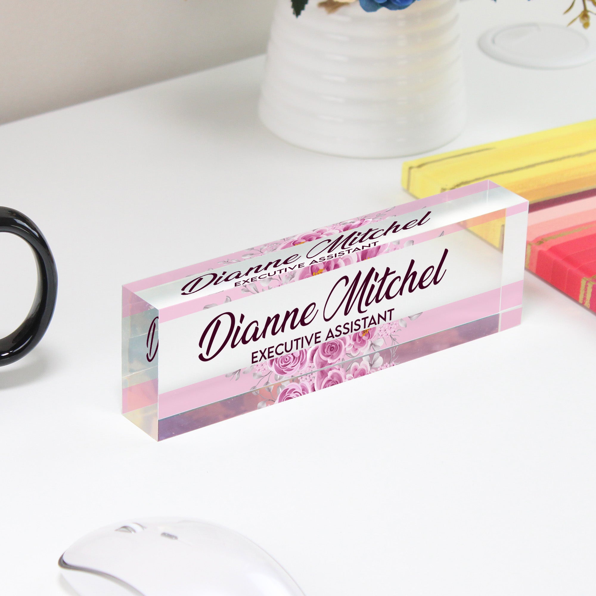 Personalized Executive Assistant Acrylic Desk Block - Elegant Floral Design for Custom Office Decor and Unique Gift Giving - Image 4