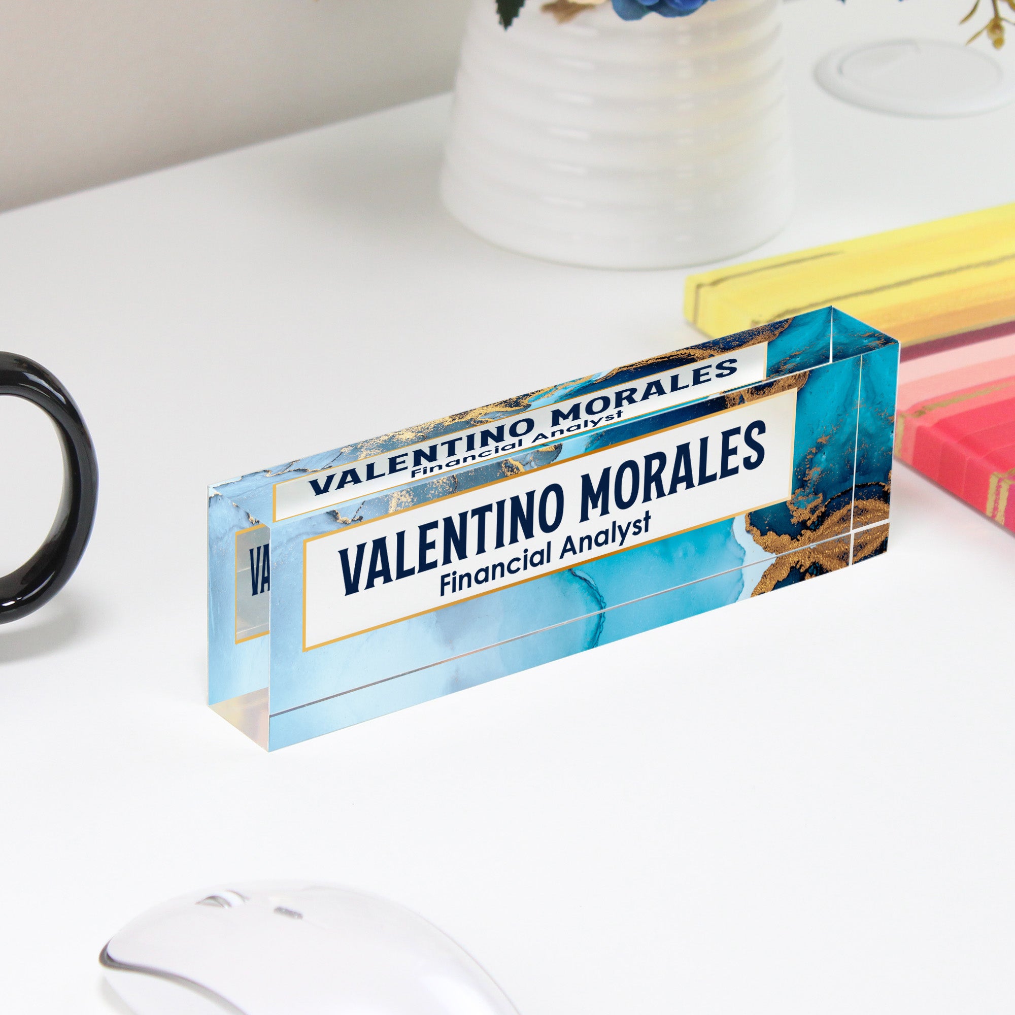 Personalized Acrylic Desk Name Block with Elegant Blue & Gold Design – Ideal Gift for Professionals - Image 4