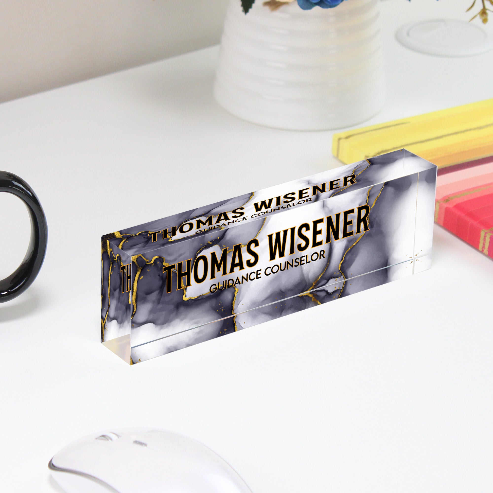 Personalized Marble Acrylic Desk Block with Gold Accents - Custom Nameplate for Guidance Counselors - Image 4