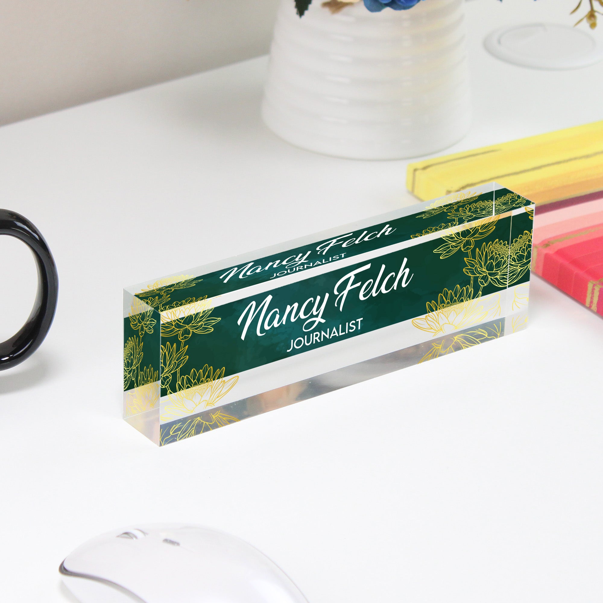 Personalized Acrylic Desk Name Block - Elegant Green Floral Design for Journalists, Writers, and Professionals - Image 4