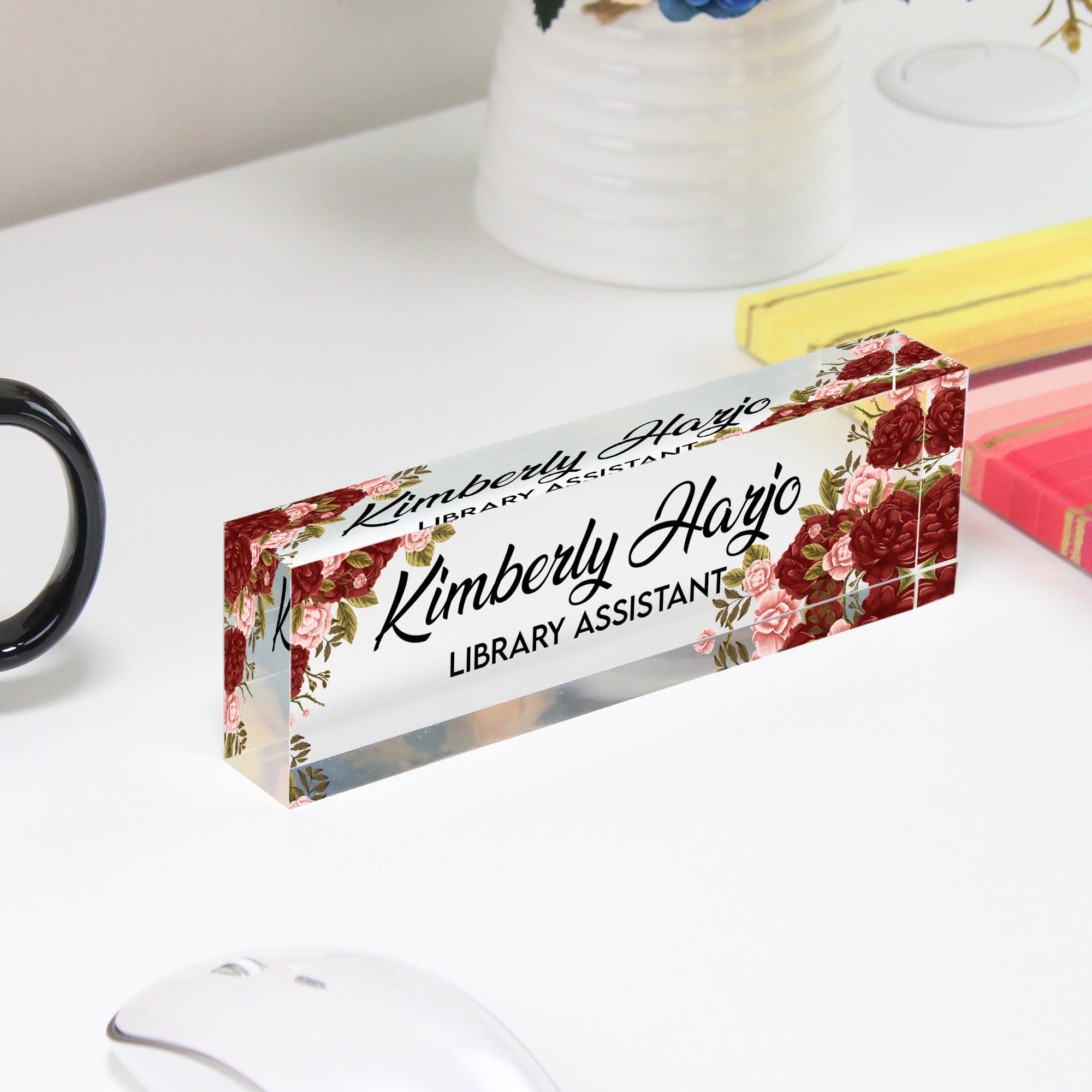Personalized Floral Acrylic Desk Nameplate - Custom Name Sign for Library Assistants - Elegant Gift for Office Décor - Image 4