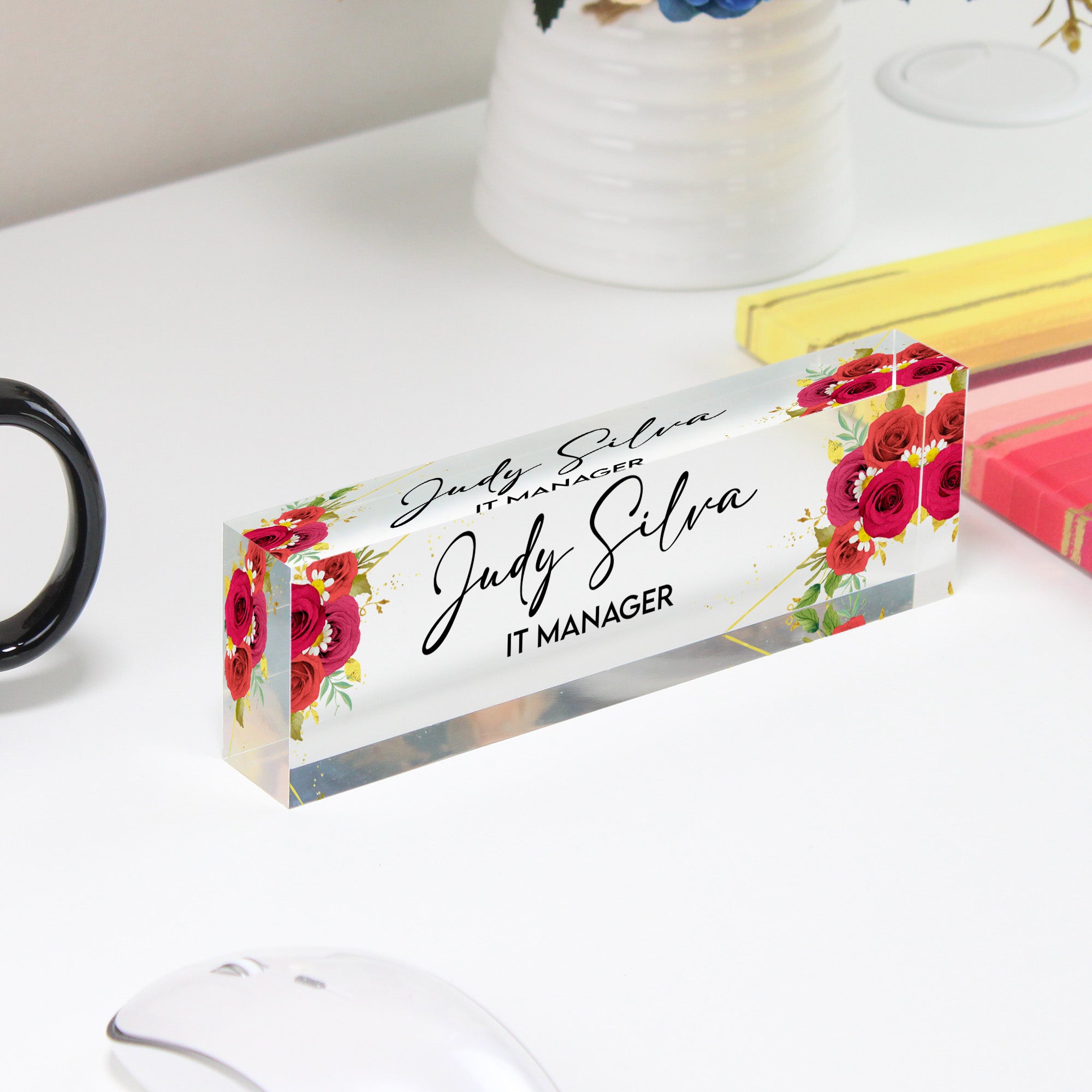 Personalized Acrylic Desk Name Plate with Floral Design - Customizable Office Decor for IT Managers, Perfect Gift for Bosses or Coworkers - Image 4