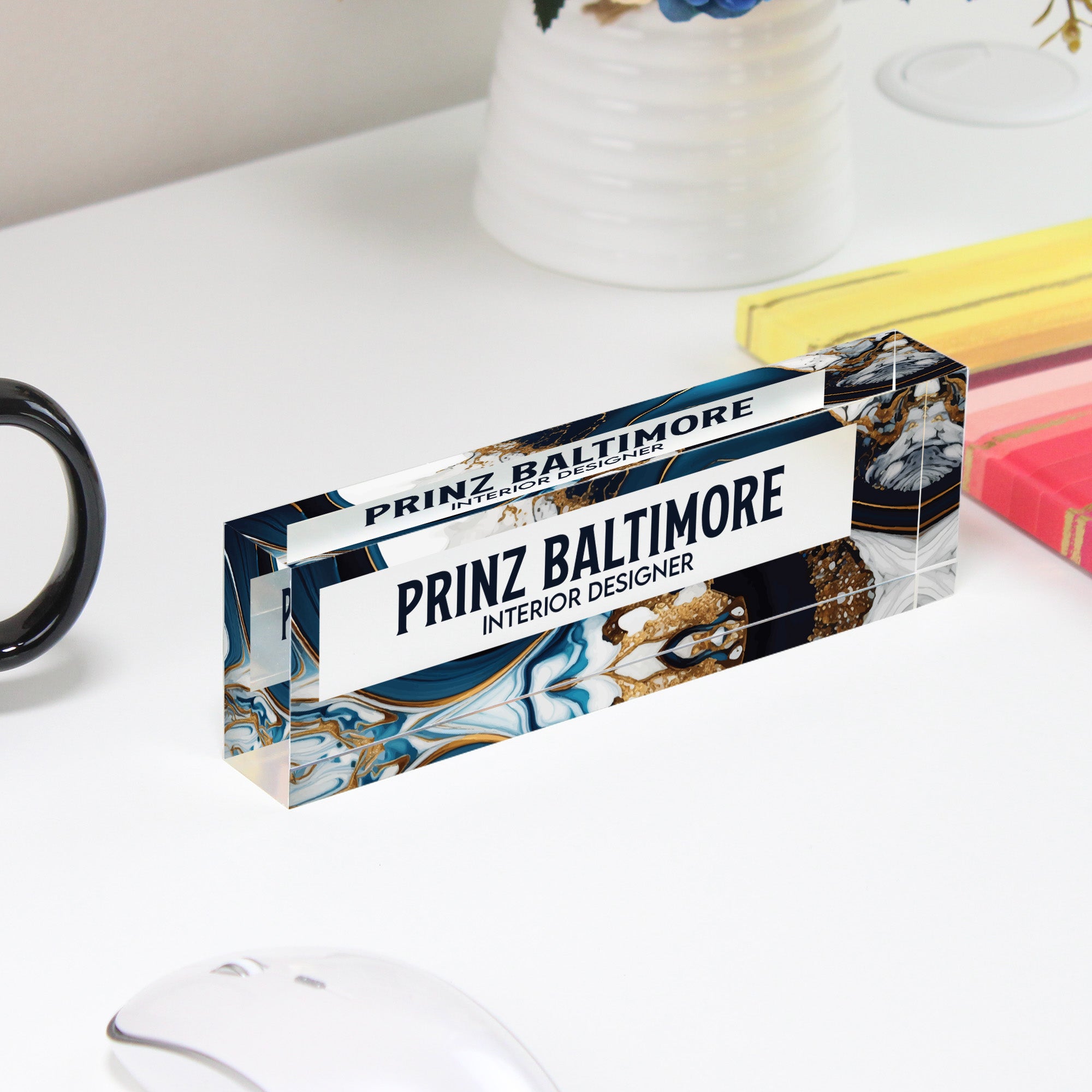 Personalized Acrylic Desk Block for Interior Designers - Elegant Marbled Design - Image 4