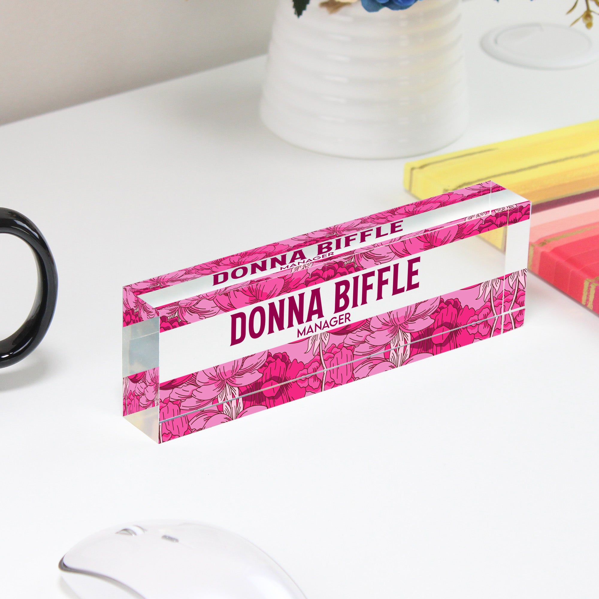 Personalized Floral Acrylic Desk Nameplate - Elegant Manager Gift with Custom Text Options - Image 4