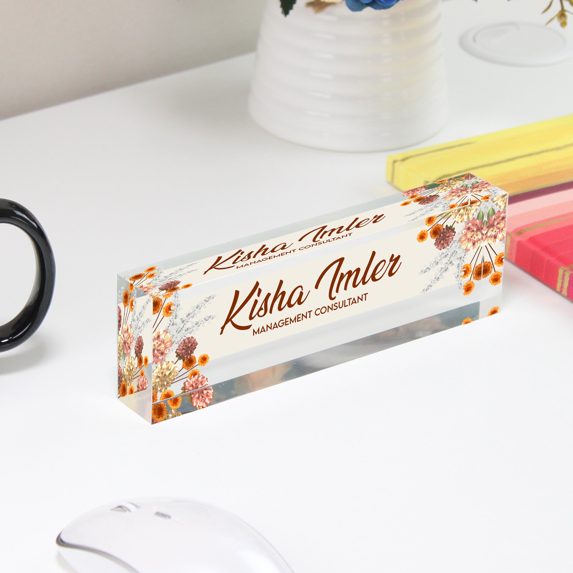 Custom Acrylic Desk Block with Floral Design and Personalization for Management Consultants – Ideal Gift for Professionals - Image 4