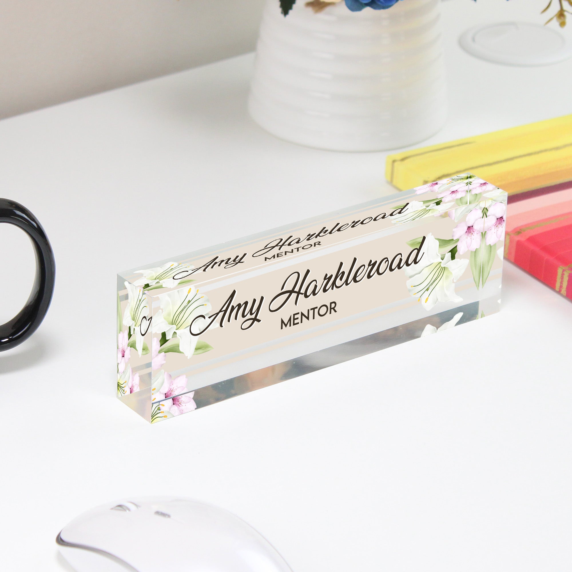 Personalized Floral Acrylic Desk Name Plate - Elegant Mentor Gift with Custom Name Engraving - Image 4