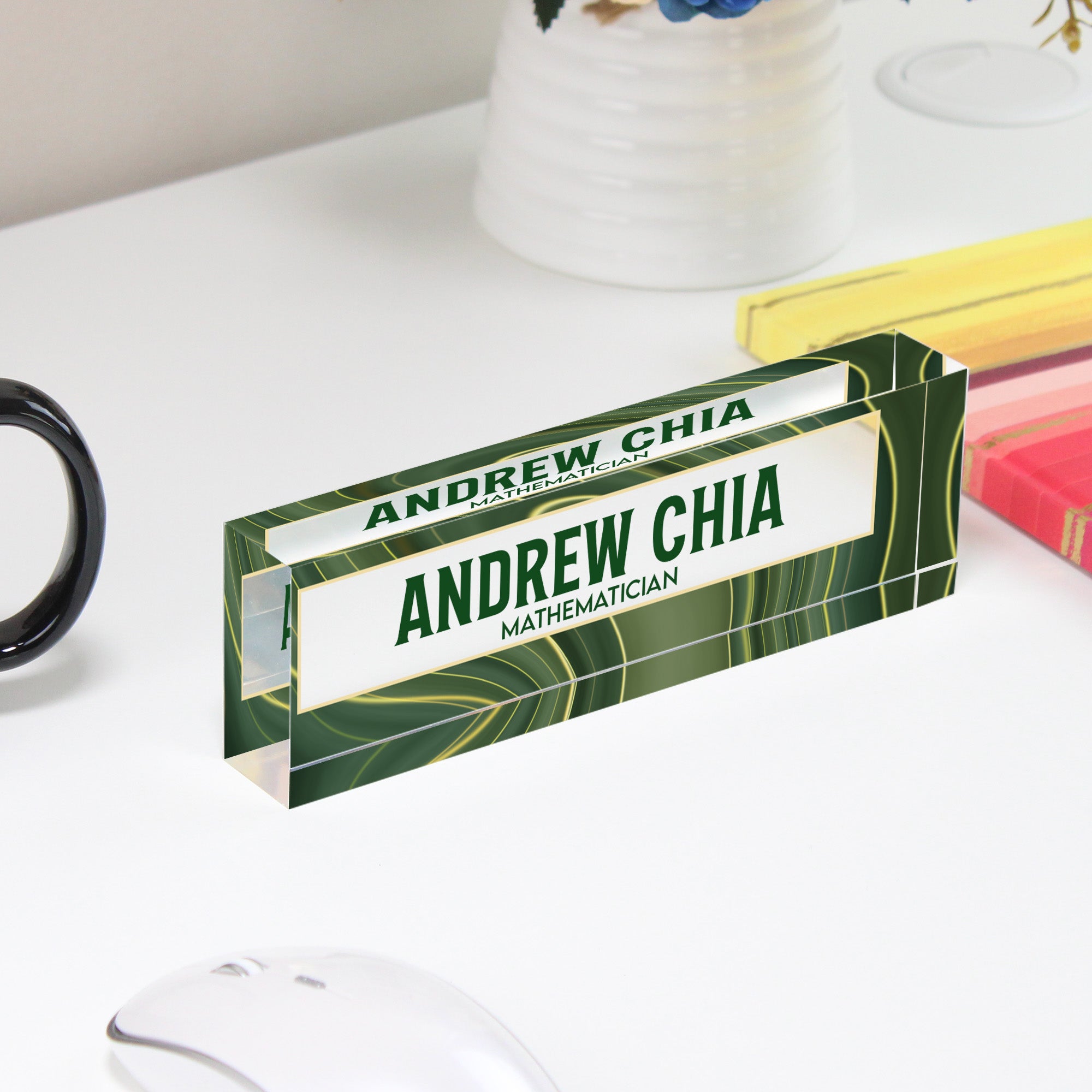 Personalized Acrylic Desk Block - Custom Name and Title Display with Elegant Green Pattern for Mathematicians - Image 4