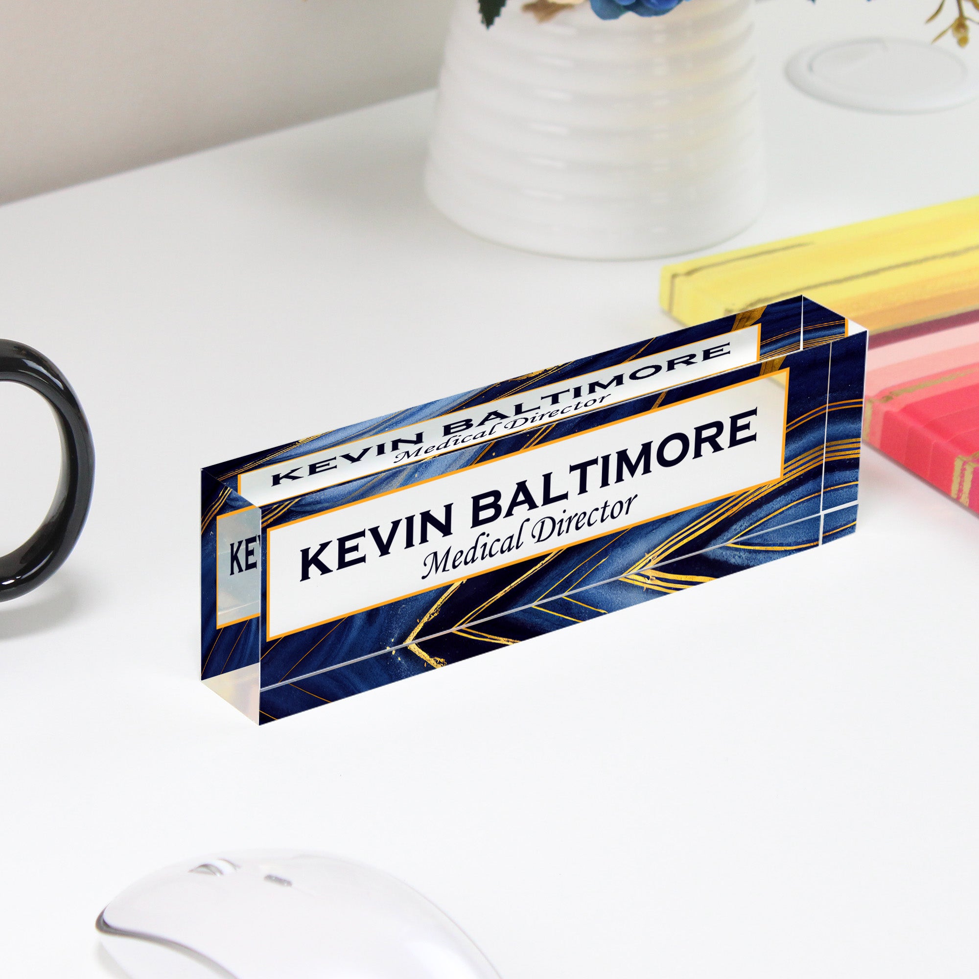 Personalized Acrylic Desk Block with Elegant Blue and Gold Design - Perfect Custom Gift for Professionals and Executives - Image 4