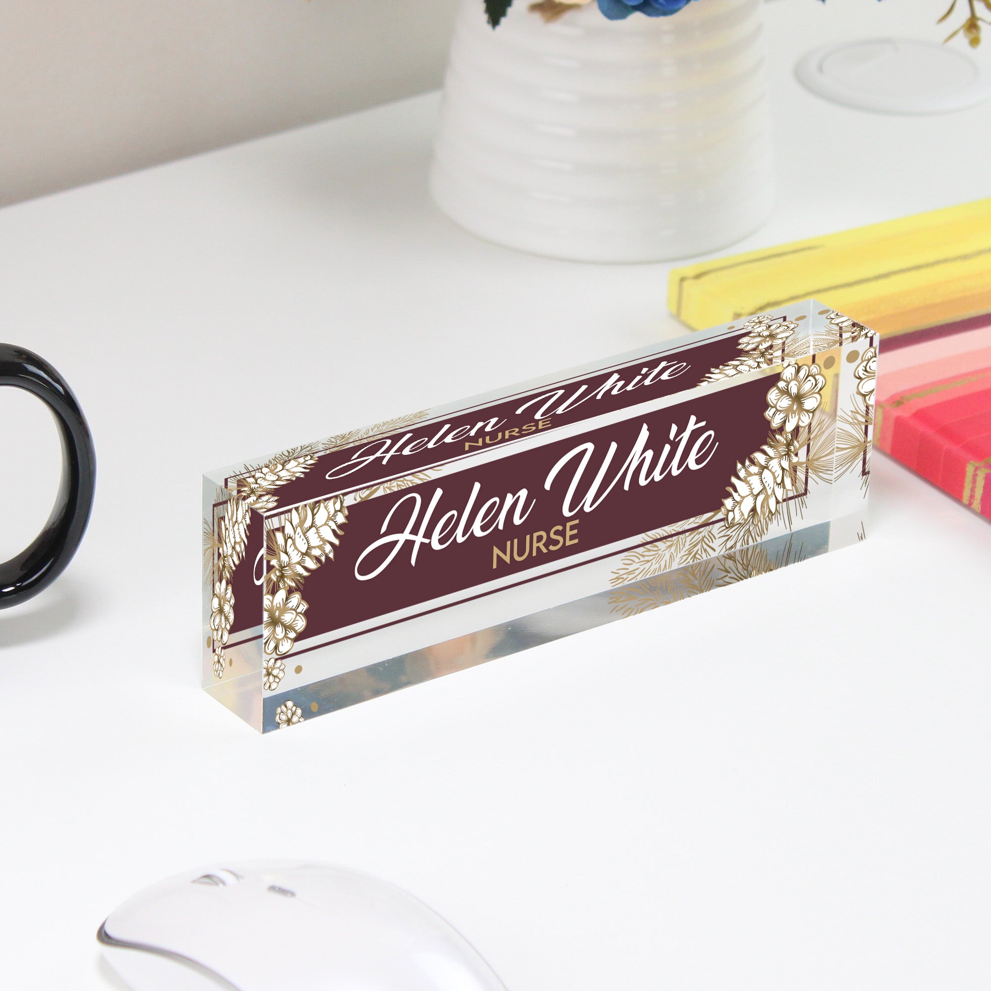 Personalized Acrylic Desk Block with Elegant Floral Design - Custom Name & Profession Engraving for a Unique Gift - Image 4