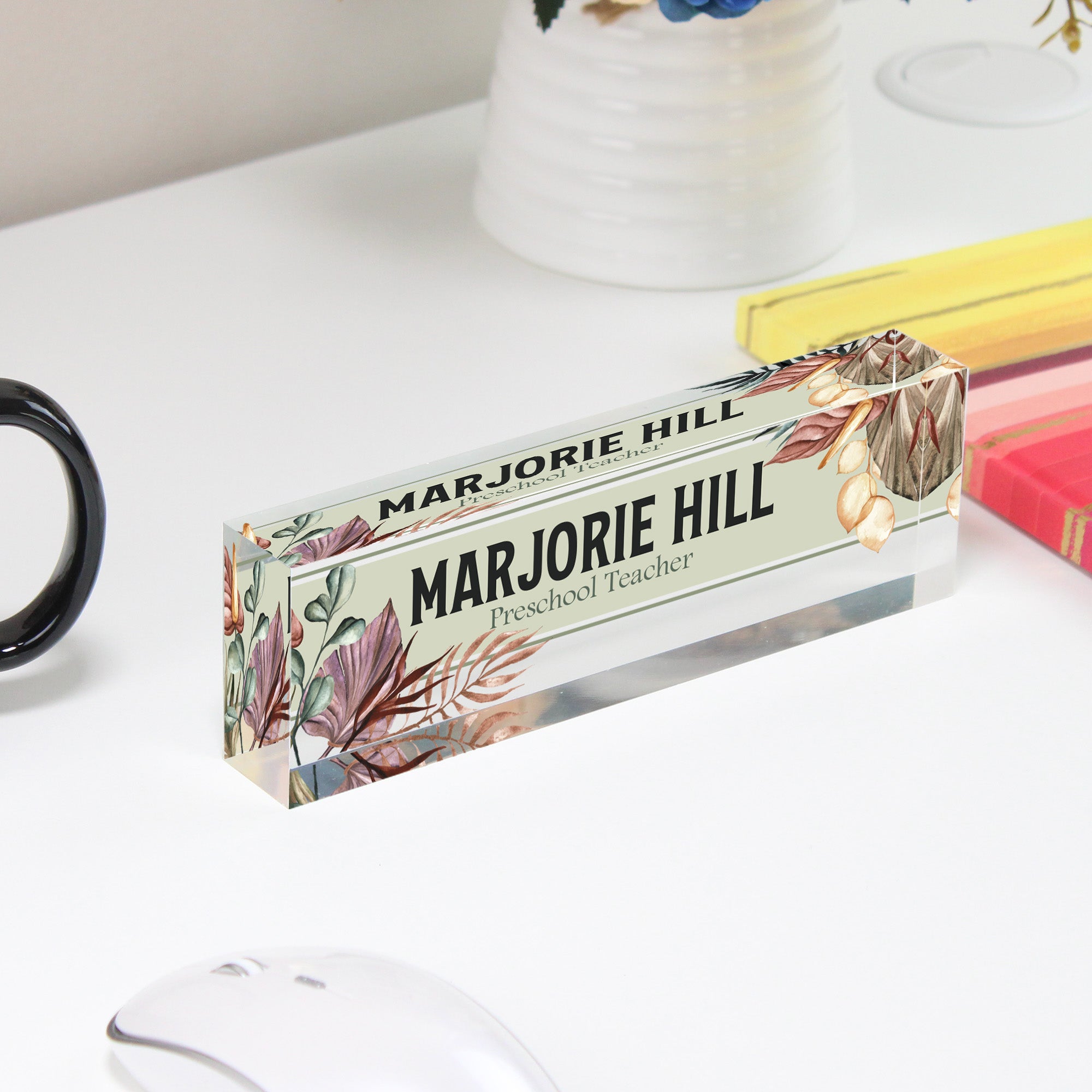 Custom Acrylic Desk Block for Teachers - Personalized Nameplate with Botanical Design - Perfect Gift for Educators - Image 4