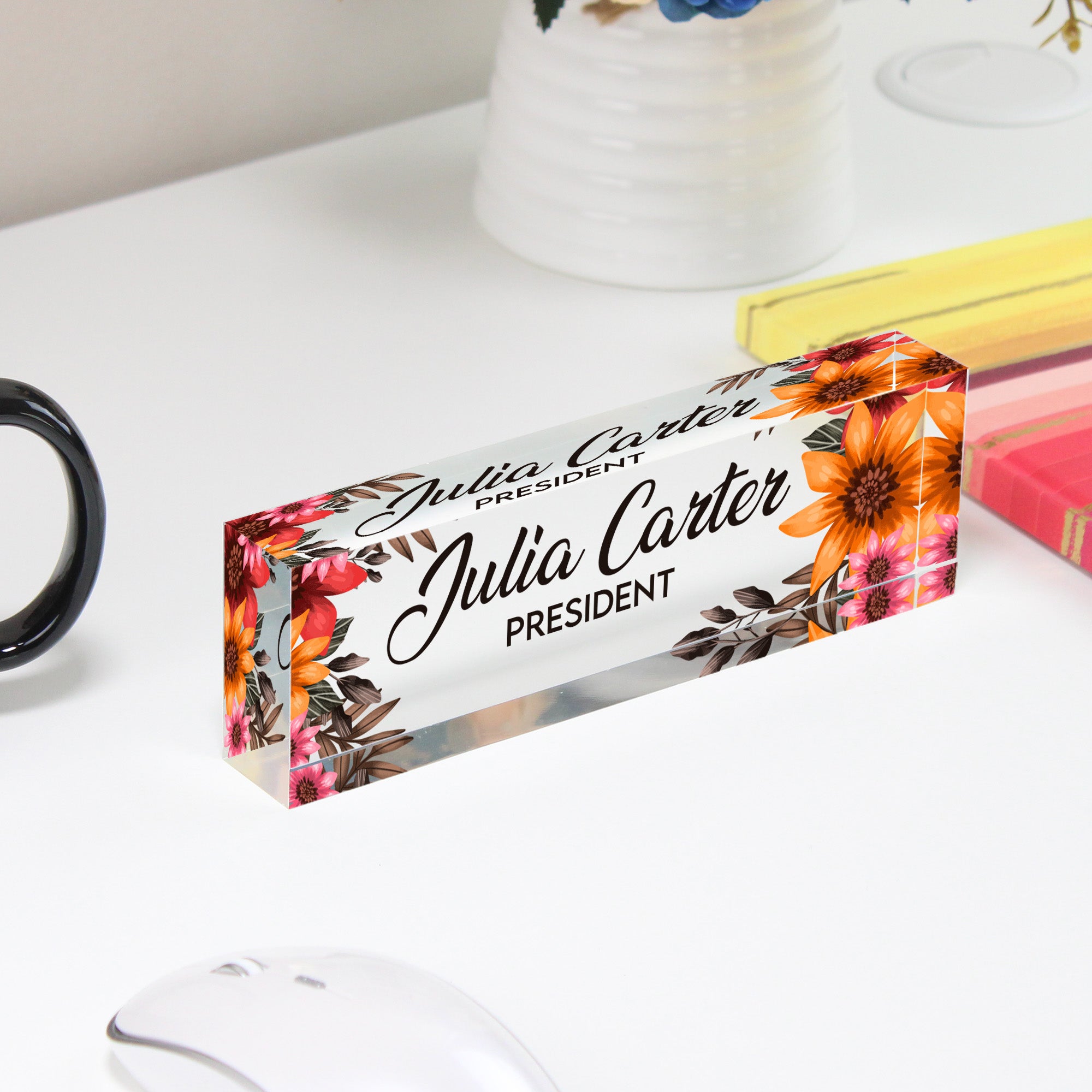 Personalized Floral Acrylic Desk Nameplate - Elegant Custom Name Sign for Office or Gift - Image 4