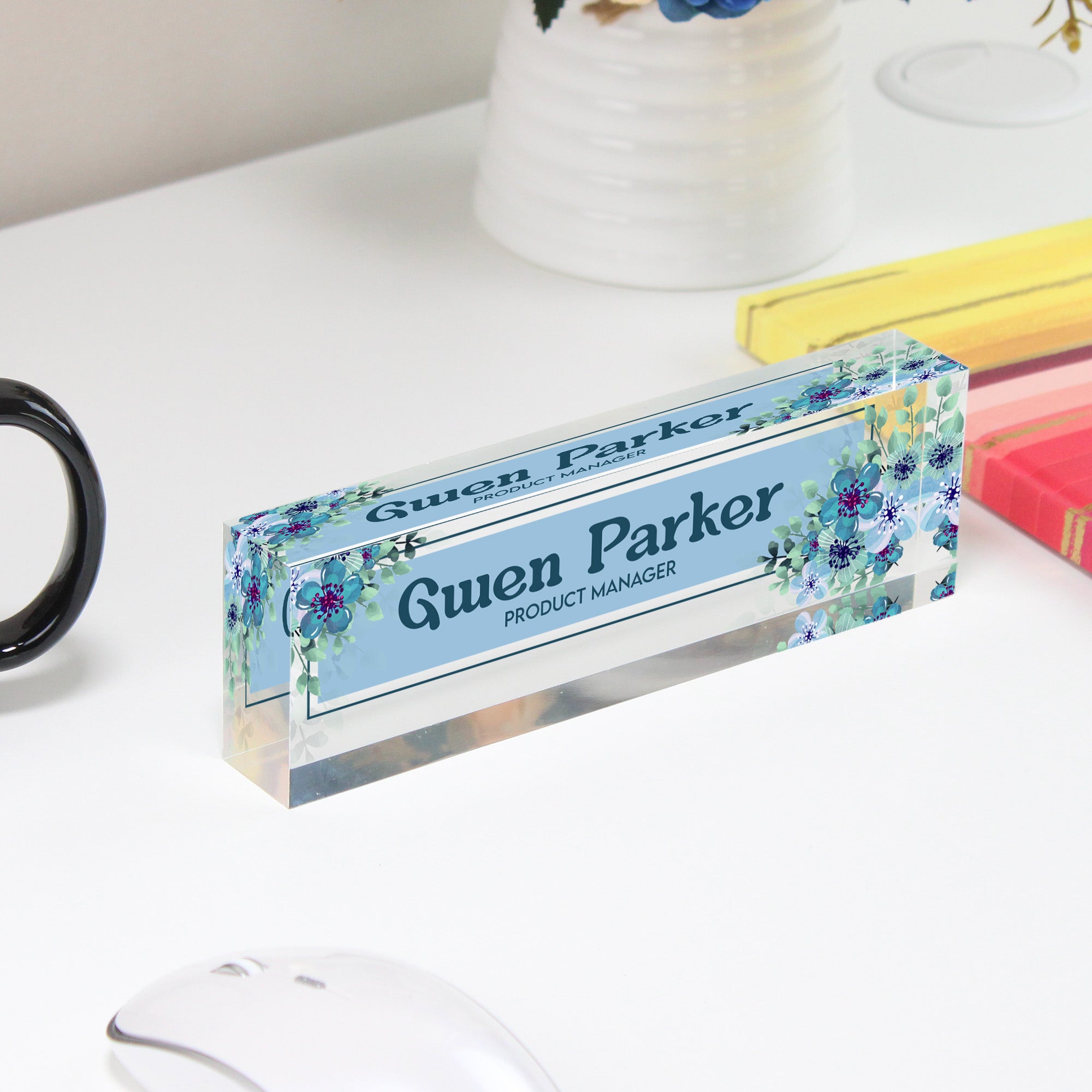 Personalized Acrylic Desk Block Name Plate with Floral Design - Custom Office Decor for Product Managers - Image 4