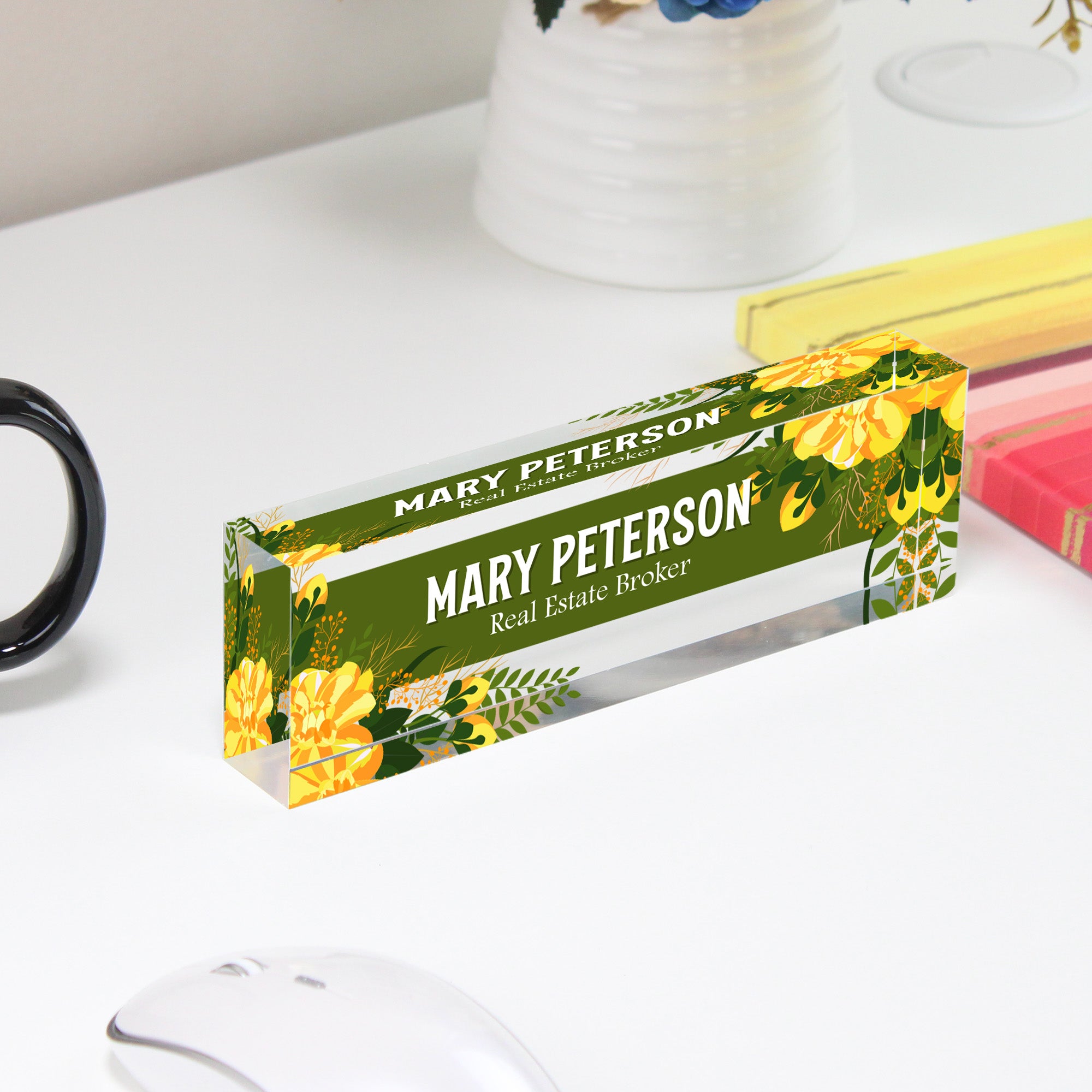 Personalized Acrylic Desk Name Plate with Floral Design - Elegant Custom Office Decor for Real Estate Agents and Professionals - Image 4