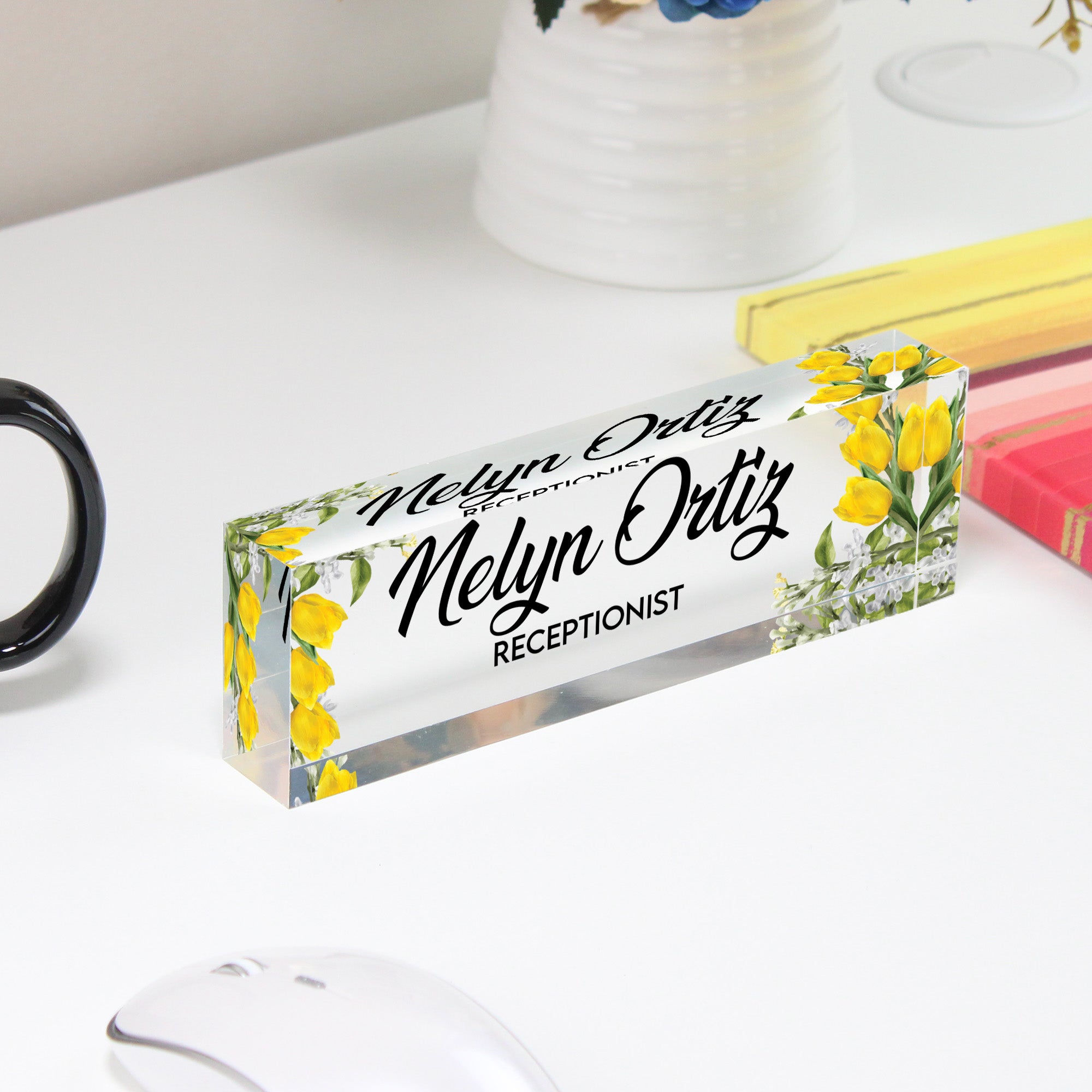 Personalized Acrylic Desk Name Plate with Yellow Floral Design – Custom Office Decor for Receptionists and Gift Giving - Image 4