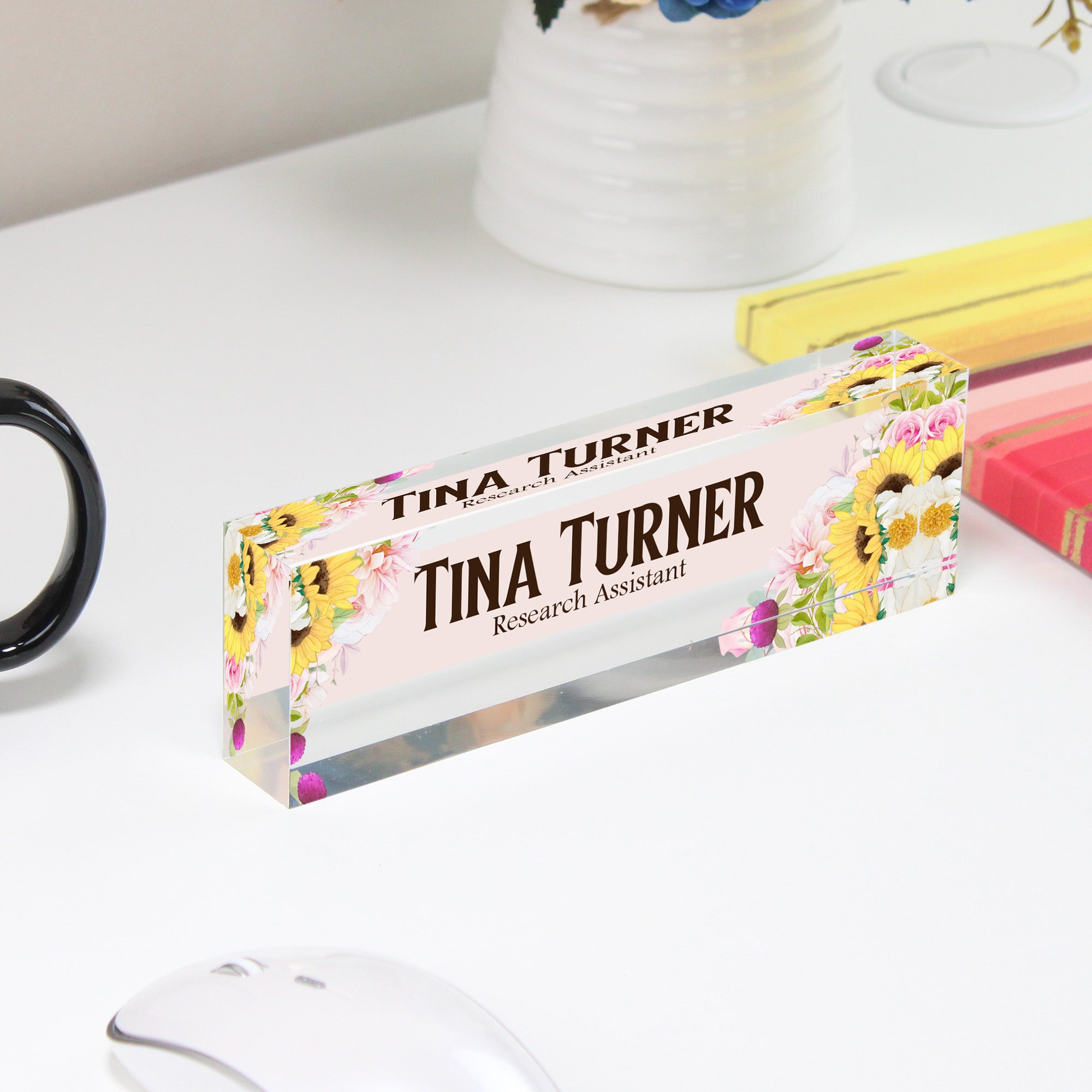 Personalized Floral Acrylic Desk Block - Custom Name Plate for Home or Office - Elegant Gift for Research Assistants - Image 4
