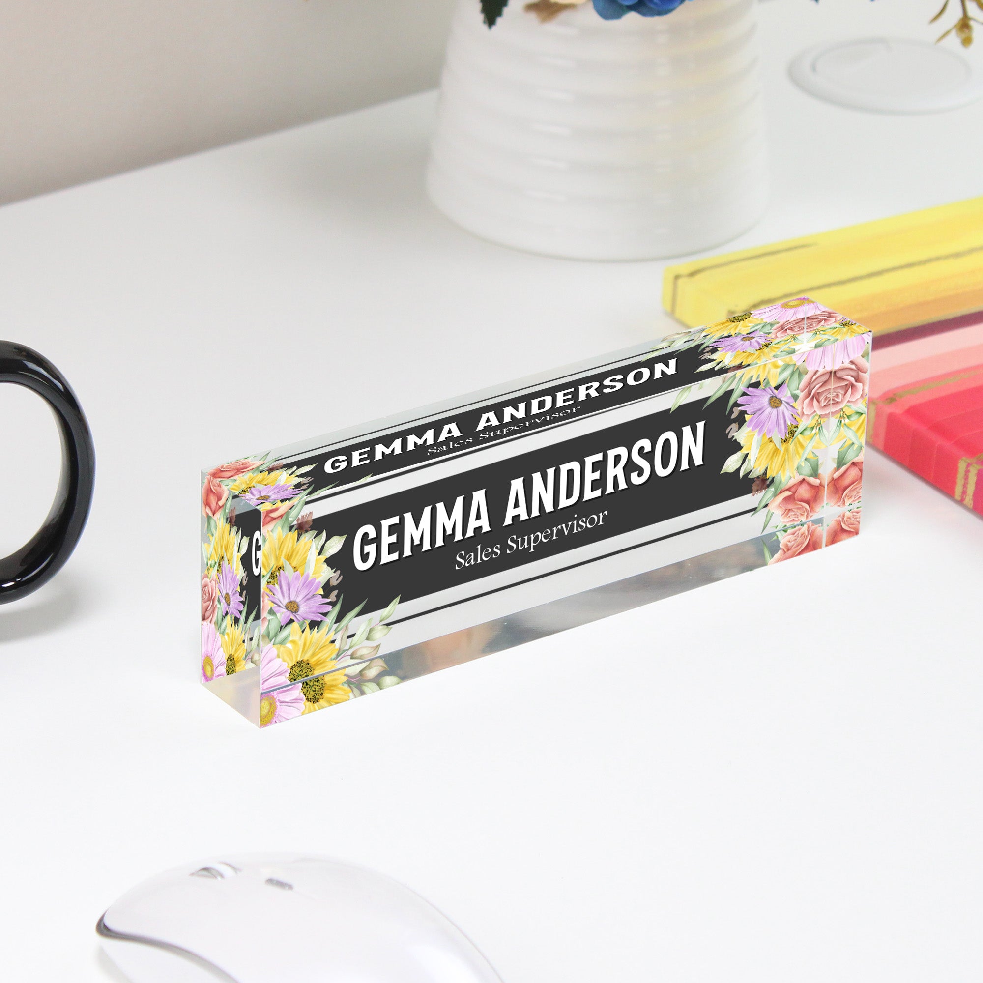 Personalized Floral Acrylic Desk Block with Custom Name & Title – Perfect Gift for Sales Professionals - Image 4