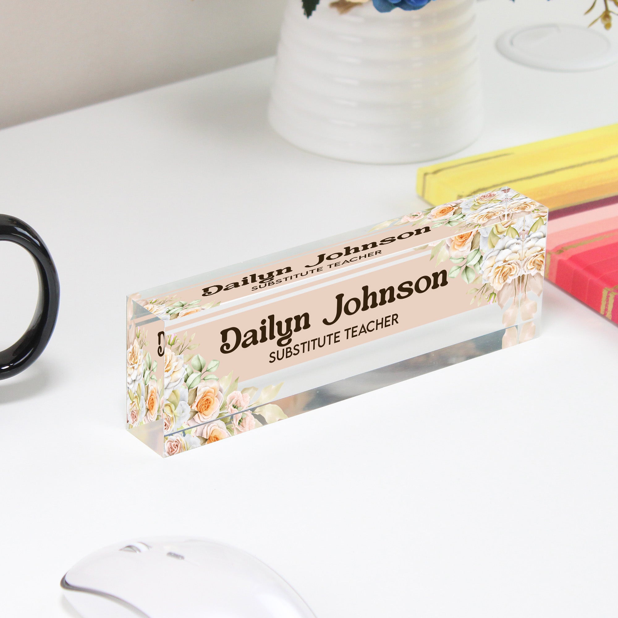 Personalized Acrylic Desk Name Block with Floral Design – Customizable for Teachers, Office Decor, and Thoughtful Gift Ideas - Image 4