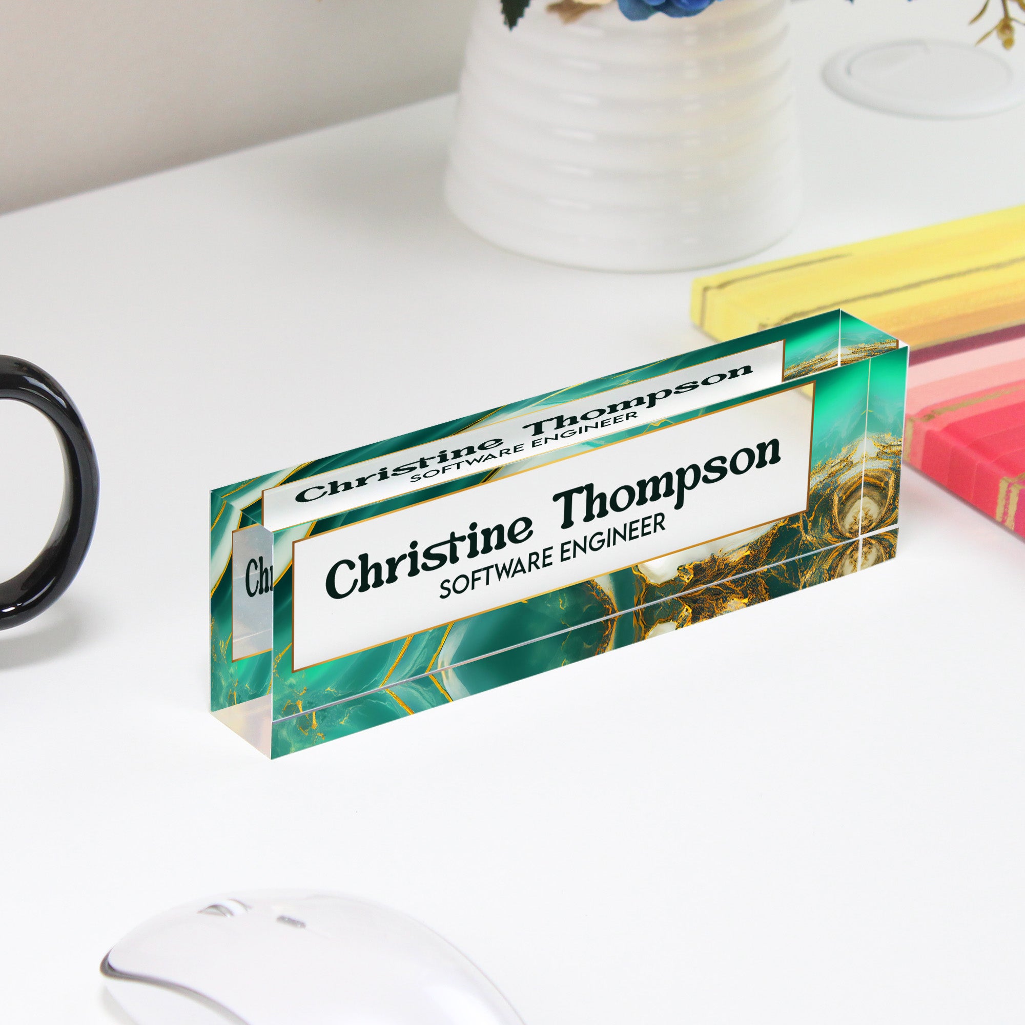 Personalized Acrylic Desk Block with Elegant Teal and Gold Marble Design – Custom Nameplate for Professionals & Gift Occasions - Image 4